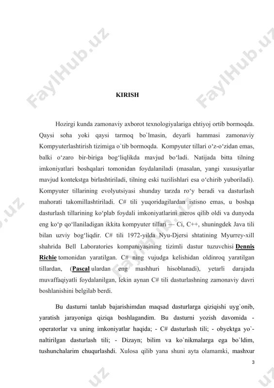 : natija: delegatlar yordamida satrlar bilan ishlashga doir misol. bunda probellar o`rniga # belgisini qo`yish dasturini tuzamiz. bunday ko`rinishga keltirish uchun kerakli buyruq va algoritmlar bajariladi va dasturi tuziladi (2-ilovaga qarang): natija: lyamda ifodalar. anonim metodlarning ahamiyati beqiyosligiga qaramay, ularning o’rnini yanada takomillashgan instrument lyamda ifoda egalladi. umuman olganda, lyamda ifoda anonim metodning g’oyasini takomillashtiradi va ayni vaqtda anonim funksiyani yaratish uchun zarur hisoblanadi. lambda ifoda mutlaqo yangi sintaksisga asoslangan va anonim metodga yanada samarali alternativa bo’lib xizmat qiladi. lambda ifoda parametrlari => operatordan oldin ko`rsatilgan va amaldagi ifoda / bayonot / blok operatorining o`ng tomonida joylashgan bo`ladi: // ifoda (int x, string s)=>s.length>x //ifoda (int x, int y)=>x+y // bayonot (string x)=> { x+”salom!”; console.writeline(x); } ushbu operator aniq metod yozmasdan , delegatlarni osongina aniqlash uchun ishlatilishi mumkin: delegate void testdelegate(string s); testdelegate mydelegate=s=> console.writeline(s+”alaykum!”); mydelegate(“assalomu”); o`rniga void mymethod(string s) { console.writeline(s+”alaykum!”); } delegate void testdelegate(string s); testdelegate mydelegate= …