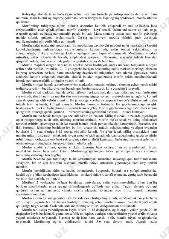 lari afferent nerv tolalaridan orqa miyaning orqa shoxlariga yetib boradi. shu yerda ular orqa miyaning qo‘shimcha neyronlariga o‘tadi va ikkita o‘tkazuvchan sistema orqali markaziy nerv sistemasiga yetib keladi. · birinchisi — spesifik sistema: orqa miya, talamus mag‘izlari — miya po‘stlog‘ining orqa markaziy burmasi; · ikkinchisi — nospesifik sistema: orqa miya — retikulyar formasiya — gipotalamus — talamusning nospesifik mag‘izlari — miya po‘stlog‘ining peshana, tepa suyak burmalaridan iborat. og‘riq impulslari shu usullar orqali markazga yetib kelib, miyaning retikulyar formasiyasini, butun bosh miyaning qo‘zg‘aluvchanligini oshiradi, og‘riq seziladi, og’riq sezilishi tufayli o‘ziga xos gemodinamik va vegetativ o‘zgarishlar ro‘y beradi. shu bilan birga miyelinsiz afferent nervlarni markaz tomonidan alohida peptidlar — “og‘riq mediatorlari”, masalan, 11 peptiddan iborat p-modda va boshqa peptidlar ajralib chiqishi mumkin. keltirilganlar organizmni og‘riqqa sezuvchan — nosiseptiv mexanizmi hisoblanadi. organizmda bu usulga qarshi antinosiseptiv mexanizm ham bor. bu mexanizm og’riq impulslarini afferent tolalaridan orqa miya neyronlariga o‘tishiga qarshilik qiladi. organizmning o‘zida …