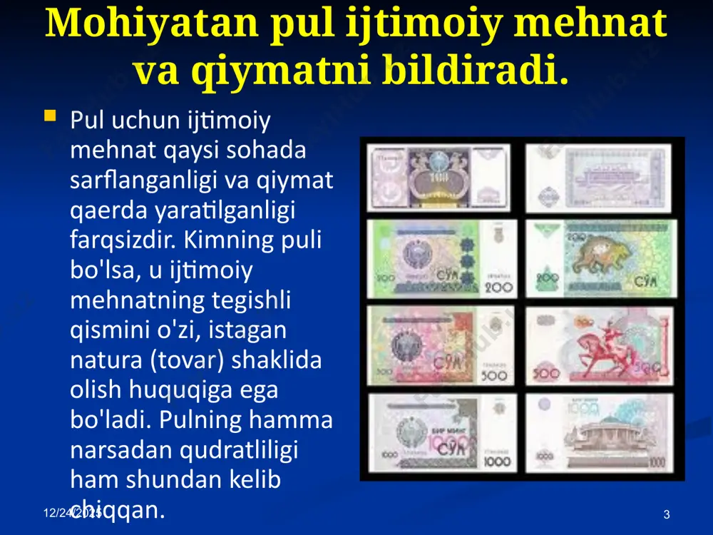 galari va unga vaqtincha muxtoj bo’lganlar o’rtasidagi vositachilikdir. hozir bu faoliyat maxsus malaka va texnikaga ega bo’lgan maxsus ixtisoslashgan muassasalar-banklar tomonidan amalga oshirilmoqda. 6.25.2024 11 kreditning imkoniyati va zarurligi shu bilan bog’liqki korxonalar mahsulot sotishda, xodimlarga mehnat xaki hisoblanganda, korxona va jismoniy shaxslar o’z pullarini banklarda saklashi va boshqa xollarda vaqtinchalik bo’sh bo’lgan pul mablag’lari bo’lgani xolda boshqa korxona va tashkilotlarda o’z faoliyatlarini o’zluksizligini ta’minlash uchun tegishli pul mablag’iga ehtiyoj sezadi. bu xolat qishloq xo’jalik korxonalariga ham tegishli bo’lib, bu ishlab chiqarishni mavsumiyligi, mahsulot ishlab chiqarish vaqti bilan uni sotish xajmini ko’pchilik mahsulotlar bo’yicha mos kelmasligi, sotilgan mahsulotlarga pulni o’z vaqtida kelib tushmasligi va boshqa xolatlar ularni kreditdan foydalanishni takozo etadi. image1.jpeg image2.png image3.png image4.png image5.png image6.png image7.png image8.jpeg image9.jpeg image10.png image11.png image12.png image13.jpeg image14.jpeg image15.jpeg image16.jpeg image17.jpeg
