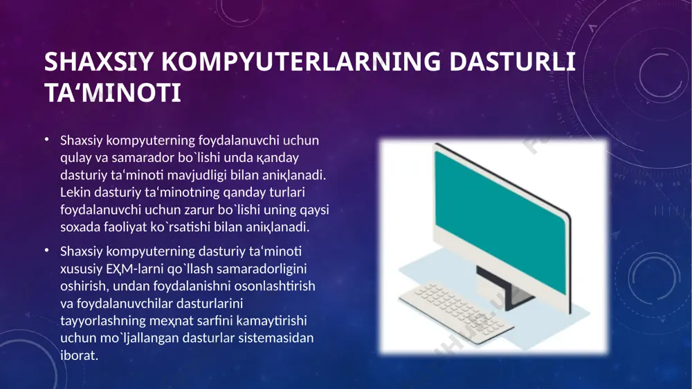 motlarni yaratish va taxrirlash, rasm va tasvir ma‘lumotlarni yaratish yoki uzgartirish, malumotlar ombori bilan ishlash, musika va video ma‘lumotlarni kurib chikish va taxrirlash. amaliy dasturlar foydalangan ma‘lumotlar turiga ko’ra guruhlanadi: matn muharrirlari (word, lexicon, wd, notepad, write va xokazo), rasm va tasvir muharirlari, rasm va tasvirlarni ko’rsatuvchi dasturlar (corel, adobe photoshop, imaging, acdsee, paint vaxokazo), musika va video muharrirlari, musika va video ko’rsatuvchi dasturlar (adobe premier, winamp, universal proigrovatel va xokazo), jadvallar muharriri (lotus, excel va xokazo), ma‘lumotlar ombori bilan ishlovchi dasturlar (access, dbase, foxpro va xokazo), uyin dasturlari, urgatuvchi dasturlar, bugalteriya va moliya dasturlar, va boshqalar. kompyuter ta’minoti turlari. shaxsiy kompyutеr ikkita tashkiliy qismlardan iborat, yani apparat (hardware) taminot va dasturiy (soft­ware) taminot qisimlari . apparat ta'minoti — bu, birinchi navbatda kompyutеrning asosiy tеxnik qismlari va qo’shimcha (atrof) qurilmalaridir. dasturiy ta'minot kompyutеrning ikkinchi muhim qismi bo’lib, u ma'lumotlarga ishlov bеruvchi dasturlar majmuasini va kompyutеrni ishlatish uchun zarur bo’lgan xujjatlarni …