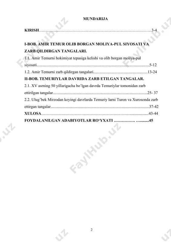 bekiston” 2017. -b. 29.] amir temur buyuk davlat arbobi, ulug’ hukumdor, diplomat, iqtisodchi, islohotchi, olijanob shaxs, fan va madaniyat homiysi sifatida xiv asr oxiri va xv asr boshlaridayoq sharqu g’rbda mashhur edi. amir temur va uning sulolasi tomonidan zarb qilingan turli qiymatdagi tangalar pul sifatida nafaqat ushbu mamlakat hududida, balki boshqa qo’shni davlatlarda ham to’lov va muomala vositasi bo’lib xizmat qilgani, o’sha davrda pul chiqarish va uning muomalasini tartibga solish bilan bog’liq joriy etilgan qoidalar, xizmatlar mohiyatini imkon qadar ochib berish mavzuni dolzab jihati hisoblanadi. ishning maqsad va vazifalari mazkur ishning maqsadi amir temur davlatida moliya-pul siyosati tarixini o’rganish va tahlil qilishdan iborat. asosiy maqsaddan kelib chiqib, mazkur ishda quyidagi vazifalar asosiy vazifalar tarzida belgilab olindi: - amir temurni hokimiyat tepasiga kelishi va olib borgan moliya-pul siyosatini yoritib berish; - amir temurni zarb qildirgan tangalar tarixini ochib berish; - xv asrning 50 yillarigacha bo’lgan davrda temuriylar tomonidan zarb ettirilgan tangalar …
