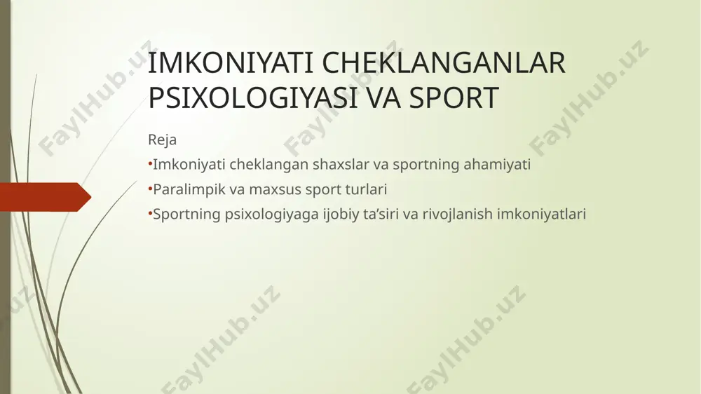 ng umumiy hayot sifatini yaxshilashga va uzoq muddatli farovonlikka erishishga yordam beradi. paralimpik va maxsus sport turlari nogironligi bo‘lgan shaxslar uchun mo‘ljallangan, ular uchun moslashtirilgan qator sport yo‘nalishlarini o‘z ichiga oladi. bu sport turlari nogironlar uchun maxsus texnikalar, moslamalar va qoidalar yordamida o‘tkaziladi, shu orqali ularga teng imkoniyatlar beriladi. 1. paralimpik sport turlari: paralimpik o‘yinlar nogiron sportchilar uchun xalqaro miqyosdagi eng yirik sport tadbiridir. paralimpik sport turlari qatoriga quyidagilar kiradi: yengil atletika: ko‘rish va jismoniy nogironligi bo‘lgan sportchilar uchun maxsus qoidalar va asbob-uskunalar mavjud. suzish: sportchilar jismoniy holatlariga qarab turli kategoriyalarda raqobatlashadi. basketbol va voleybol: nogironlar aravachasi yoki turli moslamalar bilan o‘tkaziladigan sport turlari. otish (shot put, archery): protezlar yoki nogironlar aravachasi yordamida o‘tkaziladigan o‘yinlar. paralimpik sport turlari nogiron sportchilarning mahoratini ko‘rsatish va o‘z imkoniyatlarini to‘liq namoyon qilishlari uchun platforma hisoblanadi. 2. maxsus olimpiada sport turlari: aqliy rivojlanishdagi cheklovlarga ega bo‘lgan shaxslar uchun tashkil etilgan maxsus olimpiada, ya'ni special olympics, …