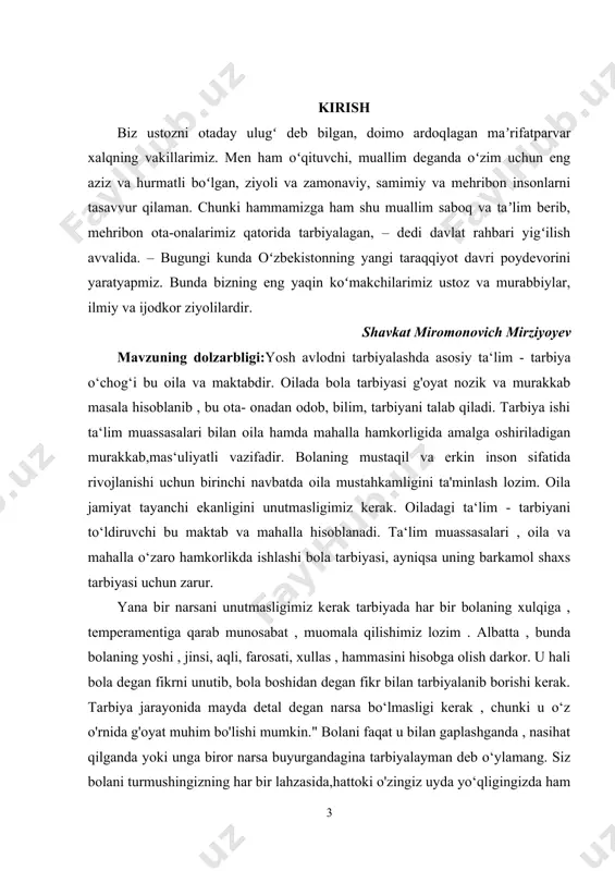 , tarbiyani talab qiladi. tarbiya ishi ta‘lim muassasalari bilan oila hamda mahalla hamkorligida amalga oshiriladigan murakkab,mas‘uliyatli vazifadir. bolaning mustaqil va erkin inson sifatida rivojlanishi uchun birinchi navbatda oila mustahkamligini ta'minlash lozim. oila jamiyat tayanchi ekanligini unutmasligimiz kerak. oiladagi ta‘lim - tarbiyani to‘ldiruvchi bu maktab va mahalla hisoblanadi. ta‘lim muassasalari , oila va mahalla o‘zaro hamkorlikda ishlashi bola tarbiyasi, ayniqsa uning barkamol shaxs tarbiyasi uchun zarur. yana bir narsani unutmasligimiz kerak tarbiyada har bir bolaning xulqiga , temperamentiga qarab munosabat , muomala qilishimiz lozim . albatta , bunda bolaning yoshi , jinsi, aqli, farosati, xullas , hammasini hisobga olish darkor. u hali bola degan fikrni unutib, bola boshidan degan fikr bilan tarbiyalanib borishi kerak. tarbiya jarayonida mayda detal degan narsa bo‘lmasligi kerak , chunki u o‘z o'rnida g'oyat muhim bo'lishi mumkin." bolani faqat u bilan gaplashganda , nasihat qilganda yoki unga biror narsa buyurgandagina tarbiyalayman deb o‘ylamang. siz bolani turmushingizning har …