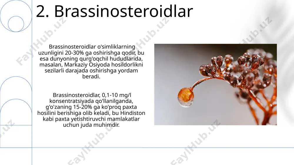 ruvchi 5 ta asosiy guruhga bo'linadigan kimyoviy birikmalardir: auksinlar, sitokininlar, giberellinlar, abscisik kislota va etilen, ularning ta'siri hujayra darajasida amalga oshiriladi. 15.strigolaktone strigolаktonlar, 30 dan ortiq turdagi tuzilishi aniqlangan fitoormonlar guruhi bo'lib, ularning asosiy vazifasi ildizlar orqali mikoza bilan simbioz o'rnatishda rol o'ynashdir. yaponiyaning shimoliy hududlarida o'tkazilgan tadqiqotlar shuni ko'rsatdiki, strigolаktonlar 50% gacha o'simliklarning suv va ozuqa moddalarini yaxshiroq o'zlashtirishiga hissa qo'shadi. 16.salitsil kislotasi sa ning o'simliklarning kasallikka chidamliligini oshirishdagi roli 19-asrning oxirida, fransiyada o'tkazilgan tadqiqotlarda aniqlangan. salitsil kislotasi, yoki sa, o'simliklarda turli xil stress omillariga, masalan, patogen hujumlariga javoban hosil bo'ladi va 100 dan ortiq o'simlik turlarida aniqlangan. 17.oksinga o'xshash gormonlar gibberellinlar o'simlikning bo'yining o'sishini, gullashini va urug' hosilini rag'batlantiradi; masalan, 50 dan ortiq turli gibberellinlar mavjud bo'lib, ularning har biri noyob xususiyatlarga ega, yaponiyada keng o'rganilgan. oksinga o'xshash gormonlar, masalan, brasinosteroidlar, o'simliklarning 100 dan ortiq turdagi hujayra jarayonlarini, shu jumladan, poya uzunligini va urug'ning unib chiqishini 20°c haroratda …