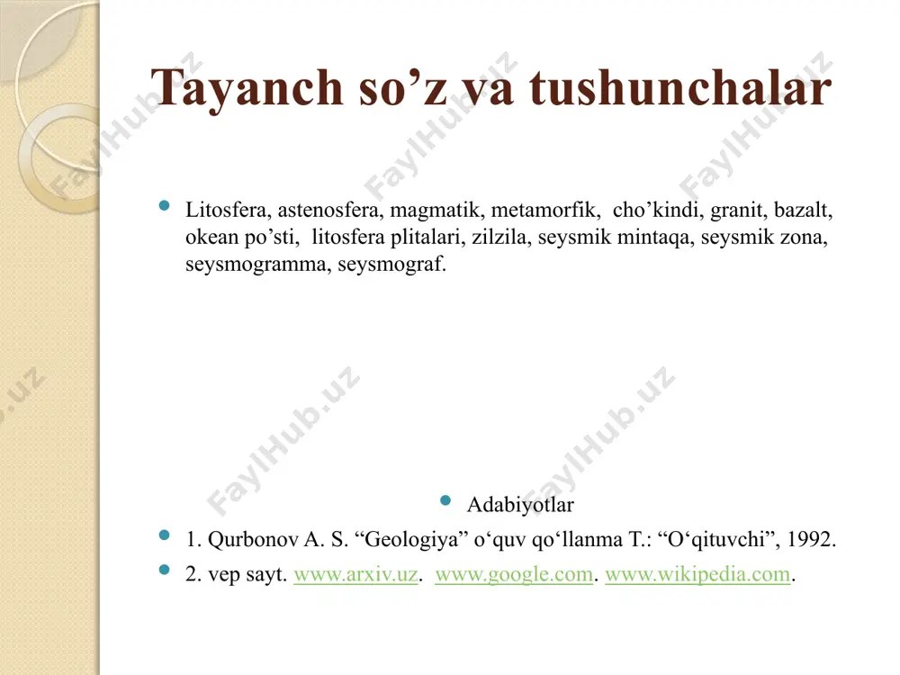 elyef tuzilishiga ega. quruqlik relyefida tog‘lar va tog‘ tizmalari, past tog‘liklar, tepaliklar hamda tekisliklar ajratiladi. yer po‘stining qalinligi okean ostida 5–8 km, quruqlikda esa 20–70 km ni tashkil etadi. yer po‘stining yuqori qismini tashkil etuvchi jinslarning tarkibi va xossalari to‘g‘risida tabiiy ochilmalar, tog‘ lahimlari hamda burg‘i quduqlari kernidan olingan namunalar bo‘yicha ma’lumotlar olish mumkin. yer po‘stining kimyoviy tarkibini aniqlashda f.v.klark, v.i.goldshmidt, v.i.vernadskiy, a.ye.fersman, a.n.vinogradovning xizmatlari katta. 1889-yilda amerikalik olim f.v.klark tog‘ jinslarining kimyoviy tahlillaridan 6000 ga yaqinini to‘plab, litosferaning o‘rtacha tarkibini hisoblaydi.1939-yilda rus olimi a.ye.fersman elementlarning yer po‘stidagi yoki biror-bir tizimdagi (masalan, yer shari, quyosh atmosferasi va h.k.) foizlardagi o‘rtacha miqdorini «kimyoviy elementlarning klarki» deb atashni taklif qilgan. klark o‘lchovi elementlarning geokimyoviy tomonlarini o‘rganishda keng qo‘llaniladi. quyida yer po‘stida eng ko‘p klarkga ega bo‘lgan kimyoviy elementlar keltiriladi: seysmik zonalar haqida tushuncha yer po‘stining silkinishi zilzila deb ataladi. zizila yer po‘stining barcha hududlarida ham kuzatilavermaydi. tez-tez silkinib turadigan hududlarni seysmik zonalar …