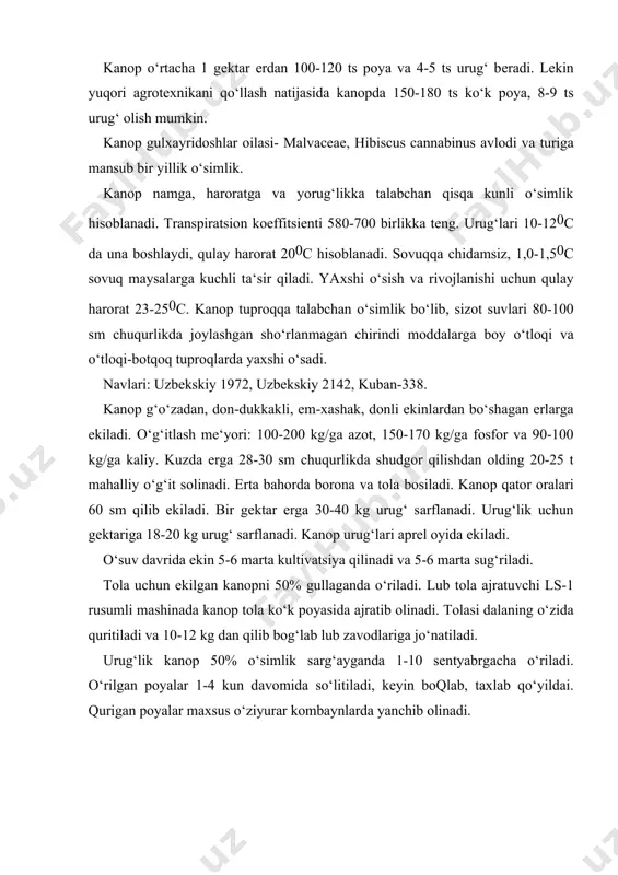 abiyotlar ro`yxati: 1. otaboyeva h. va boshqalar. “o`simlikshunoslik”. toshkent, mehnat, 2000 y. 2. beshimova sh., salimova l. “o`simlik mahsulotlari etishtirish texnologiyasi va ekologiya”. toshkent, o`zbekiston, 1994 y. 3. вавилов п.п. “растениеводство”. м. агропромиздат. 1986 г. 4. посыпанов г.с. “растениеводство”. м. “колос”, 1997 г. 5. bo`riyev h. va boshqalar. “don mahsulotlarini saqlash va qayta ishlash”. toshkent, mehnat, 1997 y. 6.chirkov v.n. “o`simlikshunoslik”. toshkent, o`zbekiston, 1994 y. 7. керефов к.н. “биологические основы растениеводство”. высшая школа. м. 1982 г. 8. www.ziyonet.uz