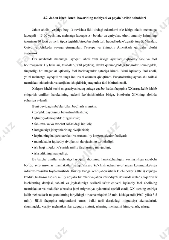 andligi keskin kamayib borayotganligi ko‘zga tashlanmoqda. shu bilan bir qatorda aholining iqtisodiy faolligini pasayishi qishloq xo‘jaligida ham kuzatilmoqda. xalqaro mehnat tashkilotining ta’rifiga ko‘ra ishsizlar deb - oxirgi 4 hafta ichida ish qidirayotgan va ishga ega bo‘lmagan yoki ishga joylashib xali ishga kirishmagan kishilarga aytila33di. bu kategoriya turli mamlakatlarda turlicha talqin etiladi. turli mamlakatlarda ishsizlar sonini aniqlashda ikki xil yondashuv mavjud. birinchisi - 1 haftalik tekshirishda ishsizlar statusiga javob beruvchi kishilar sonini aniqlaydi, bu usul aqsh, yaponiyada ishlatiladi. buyuk britaniyada bu usul qimmat hisoblanib, ishsizlar soni davlat bandlik xizmatlariga ishsizlik nafaqasini olishga topshirilgan talabnomalar asosida hisoblanadi. ishsizlarning asosiy qismini ish stajiga ega ishdan bo‘shatilgan kishilar tashkil qiladi. bu kategoriyaga iqtisodiyotda va ishlab chiqarishda tarkibiy o‘zgarishlar natijasida korxonalarning bekilishi, yangi mahsulot ishlab chiqarishga o‘tishi, ishlab chiqarishning modernizatsiyalashuvi natijasida ishini yo‘qotgan ishchilar kiradi. bola tarbiyasi bilan mashg‘ul ayollar, o‘qishni tugatib ish qidirayotgan yoshlar ishsizlar safiga kiritilmaydi. 4.2. jahon ishchi kuchi bozorining mohiyati va …