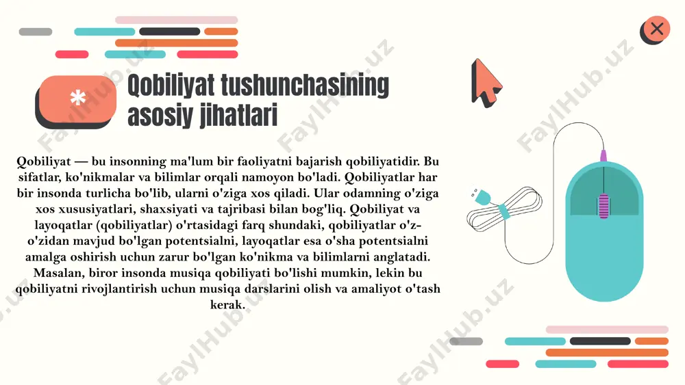 o'nikmalarini rivojlantirish imkoniyati. qobiliyatlar muhim, chunki ular shaxsiy va professional muvaffaqiyatga erishish uchun zarur. asosiy qobiliyat turlari: 1. intellektual: o'qish va tahlil qilish ko'nikmalari. 2. jismoniy: sport va jismoniy faoliyat. 3. yuqori ijtimoiy: boshqalar bilan muloqot qilish. 4. emotsional: o'z his-tuyg'ularini boshqarish va aniqlash. * qobiliyatlar va ularning farqlari intelektual qobiliyat: muammoni hal qilish, fikrlash va tahlil qilish. yuqori ijtimoiy qobiliyat: boshqalar bilan samarali muloqot qilish va jamoa ishida muvaffaqiyat qozonish. fizik qobiliyat: kuch, tezlik va chidamlilik. emotsional qobiliyat: hissiyotlarni boshqarish va o'z hissiyotlarini boshqalar bilan muloqotda ifodalash. qobiliyatlarning rivojlanishi va ta'siri qobiliyatlarning rivojlanishi uchun muhim sharoitlar mavjud bo‘lishi zarur, masalan, qo‘llab-quvvatlovchi muhit va resurslar. ta'lim va amaliy tajriba qobiliyatlarni rivojlantirishda muhim rol o‘ynaydi, chunki ular nazariy bilimlarni amaliyotda qo‘llash imkonini beradi. qobiliyatlar insonning shaxsiy va kasbiy hayotida katta ta'sir ko‘rsatadi, masalan, yaxshi qobiliyatlar karyera muvaffaqiyatini ta'minlaydi. xulosa qobiliyatlar va layoqatlar - bu insonning ma'lum vazifalarni bajarish qobiliyatidir. ular o'zaro …
