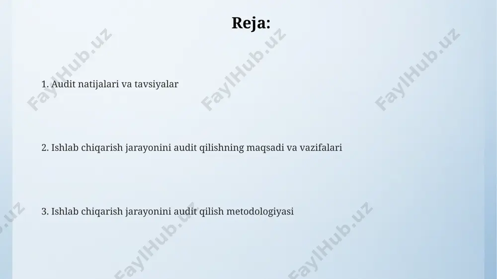 nergiya tejaydigan 10 ta yangi texnologiyalarni joriy etish rejalashtirilgan. ishlab chiqarish jarayonida chiqindi suvlarning 90% dan ortig'ini qayta ishlash va tozalash orqali atrof-muhitga tushayotgan ifloslanish darajasini 50% ga kamaytirish mumkin. audit mezonlari va standartlarini belgilash аудит мезонларини iso 9001:2015 стандартига асосланиб, камчиликларни аниқлаш ва уларни бартараф этиш бўйича 5 та асосий кўрсаткич асосида белгилаш мақсадга мувофиқ. стандартлаштирилган ишлаб чиқариш жараёнлари учун 3 та муҳим параметрлар (масалан, сифат, тезлик, самарадорлик) бўйича ўлчовлар ва баҳолаш мезонларини аниқ белгилаш зарур. ишлаб чиқариш аудитида 10 тадан ортиқ муҳим назорат нуқталарини белгилаб, ҳар бири учун 2 тадан камида ўлчов мезонларини қўллаш самарадорликни оширади. texnologiya va uskunalar auditini o'tkazish audit jarayonida, kamida 3 ta turdagi xom ashyo iste'moli va chiqindilar miqdorini 15% ga kamaytirish bo'yicha tavsiyalar ishlab chiqiladi. uskunalar auditining samaradorligini baholashda, ishlash vaqtining 85% dan kamligi texnologiyalarni modernizatsiya qilish yoki almashtirish ehtiyojini ko'rsatadi. texnologiya auditining bir qismi sifatida kamida 5 ta asosiy ishlab chiqarish jarayonini …