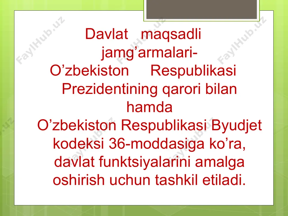 h jamg’armasi; *o’zbekiston respublikasi sog’liqni saqlash vazirligi huzuridagi nogironligi bo’lgan shaxslarni qo’llab-quvvatlash jamg’armasi; *o’zbekiston respublikasi turizmni rivojlantirish davlat qo’mitasi huzuridagi byudjetdan tashqari turizm sohasini qo’llab-quvvatlash jamg’armasi; *o’zbekiston respublikasi qishloq xo’jaligi vazirligi huzuridagi bog’dorchilik va issiqxona xo’jaligini rivojlantirish agentligi qoshidagi bog’dorchilik va issiqxona xo’jaligini rivojlantirish jamg’armasi; *o’zbekiston respublikasi qishloq xo’jaligi vazirligi huzuridagi uzumchilik va vinochilikni rivojlantirish agentligining uzum yetishtiruvchilar va vino tayyorlovchilarni qo’llab-quvvatlash jamg’armasi; *«o’zbekbaliqsanoat» uyushmasining baliqchilikni rivojlantirish jamg’armasi. davlat krediti — kredit munosabatlarining oʻziga xos shakli boʻlib, bunda davlat pul mablagʻlari qarzdori, aholi va xususiy biznes esa xaqdorlari boʻlib yuzaga chiqadi. davlat krediti mablagʻlari manbai boʻlib, davlat qarz obligatsiyalari xizmat qiladi. kreditlar xususiyatlariga ko’ra : unumli kredit bo‘sh turgan kapitalni bankka quyish; undan foyda ko‘rish, ya’ni ya’ni sanoat kapitali sohasidagi investor boshqalarga qarz berib, ulardan ustama foizi bilan qaytarib olish - kreditdan unumli foydalanishdir unumsiz kredit daromadlar davlatning harbiy harajatlariga; davlat apparatini saqlashga; budjet taqchilligini qoplanishi - kreditdan unumsiz foydalanishdir …