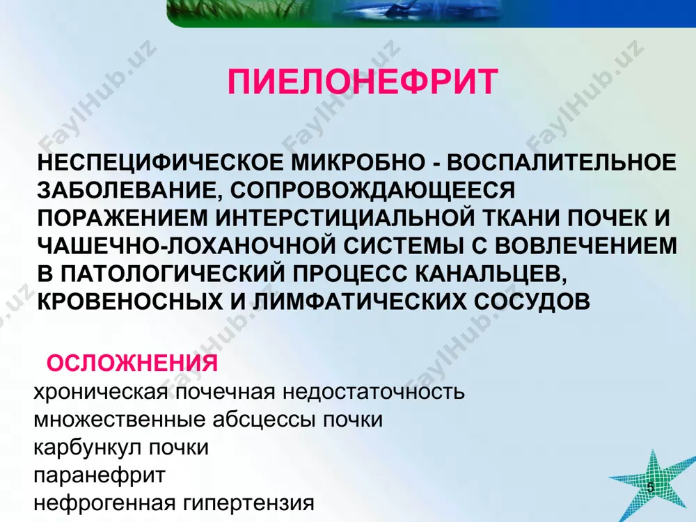 мочи, полученной при естественном мочеиспускании из «средней» струи или катетером любое число колоний в 1 мл мочи, полученной при надлобковой пункции мочевого пузыря для детей 1 года жизни, не получавших антибиотики, при исследовании мочи, собранной при свободном мочеиспускании – 50 тыс.микробных тел в 1 мл мочи e. coli, 10 тыс. микробных тел proteus vulgaris, pseudomonas aeruginosae бессимптомная (асимптоматическая) бактериурия – значимая бактериурия без клинических симптомов воспалительного процесса * диагностический алгоритм в период максимальной активности (приказ мз рф от 07.05.98 № 151 «о временных отраслевых стандартах объема мед. помощи детям» 1.обязательные методы исследования диагностические процедуры кратность проба зимницкого, проба реберга 1 раз мес. контроль диуреза ежедневно ритм и объём спонтанных мочеиспусканий ежедневно измерение ад ежедневно узи органов мочевой системы 1 раз микционная цистография не проводят экскреторная урография не проводят * диагностический алгоритм (приказ мз рф от 07.05.98 № 151 «о временных отраслевых стандартах объема мед. помощи детям» 2. дополнительные методы исследования …