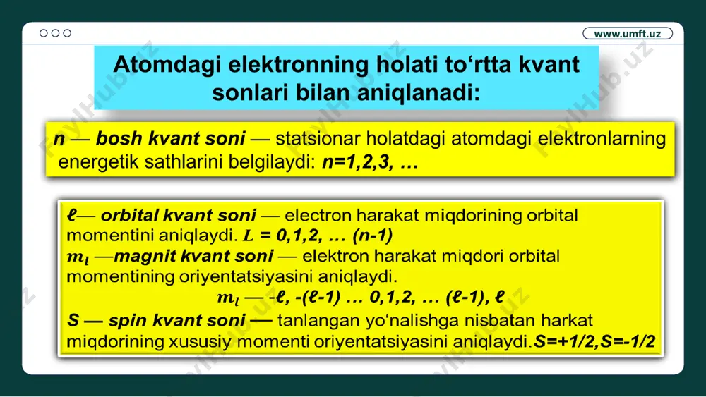 om elektronlarini tortishi natijasida alohida atomlar elektronlarini ajratadigan potensial to‘siq balandligini pasaytiradi. atomlar bir-biriga yaqinlashganda elektron qobiqlar bir-birini to‘sishi sodir bo‘ladi, natijada elektronlar harakati xarakteri sezilarli o‘zgaradi. atomlarning yaqinlashishidan potensial to‘siqning kengligi va balandligini keskin kamayishi natijasida kristall panjaraning nafaqat valent elektronlari, balki pastki sathlarda joylashgan elektronlarni ham erkin harakat qilishi mumkin. elektronlarning o‘zaro tutashuvi ta’siri kvant tabiatiga ega bo‘ladi va u elektronlarni bir-biridan farq qilaolmasklik natijasidir. www.umft.uz kristallda energetik sohalarning paydo bo‘lishi qattiq jismning sohaviy nazarariyasi – kristallarda elektronlarning energetik spektrining kvant nazariyasidir, bu nazariyaga asosan energetik spektr ketma-ket joylashgan taqiqlangan va mumkin bo‘lgan energetik sohalardan tashkil topadi. www.umft.uz ikkita litiy atomlari bir-biridan ta’sirlashmaydigan masofada joylashgan bo‘lsa, ularning energetik sathlari chizmasi bir xil bo‘ladi: 1s sathlarda spinlari har xil bo‘lgan ikkita elektron va 2s sathlarda bittadan elektron joylashgan bo‘ladi. ikkita alohida joylashgan atomlarning energetik sathlari chizmasi www.umft.uz ikkita atomdan tashkil topgan tizimning energetik chizmasi pauli prinsipiga asosan ikkita yangi …