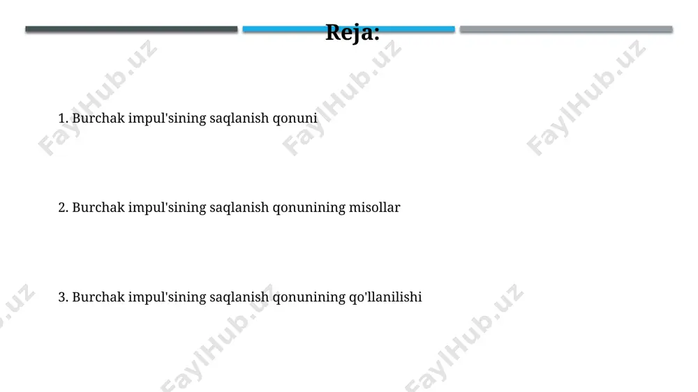 ya'ni tizimning aylanish tezligi inersiya momentiga teskari proportsional ravishda o'zgaradi. burchak impulsining vektorial tabiati burchak impulsi vektori uch o'lchovli fazo koordinatalar sistemasida proektsiyalanib, uchta skalyar kattalik (lx, ly, lz) bilan ifodalanadi va ularning yig'indisi umumiy burchak impulsini beradi. burchak impulsining saqlanish qonuni vektor shaklida ifodalanib, burchak impulsining har bir proektsiyasi (lx, ly, lz) alohida saqlanadi, agar tashqi momentlar nolga teng bo'lsa. giroskoplar va ularning ishlatilishi zamonaviy giroskoplar, yuqori aniqlikdagi mikroelektromexanik tizimlar (mems) texnologiyasidan foydalanib, 0,01 darajagacha o'lchash aniqligiga ega bo'lib, navigatsiya tizimlari va stabilizatsiya qurilmalarida muhim rol o'ynaydi. giroskoplarning asosiy xususiyati, 360° ga yaqin burchak tezligi bilan aylanish qobiliyatidir va bu xususiyat ularning barqarorligini ta'minlaydi, shu sababli samolyotlarda, kemalarda va kosmik kemalarda yo'nalishni aniqlash tizimlarida qo'llaniladi. burchak tezlik va inersiya momenti burchak tezlik (ω) inersiya momenti (i) bilan teskari proportsional bog'liqdir; agar i 2 barobarga oshsa, ω 2 barobarga kamayadi, butun sistema uchun burchak impul'si (l=iω) o'zgarmay qoladi. inertsiya momenti, …