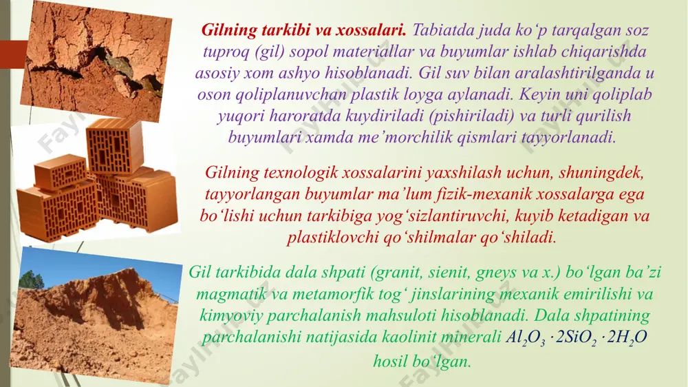 nadi. quritish tartibi buyum turiga qarab tanlanadi. quritgichlarda pishirish o‘choqlarini tutun gazlari, shuningdek, maxsus o‘txonalarda hosil bo‘ladigan gazlardan foydalaniladi. xom ashyoni quritish muddati 1 kundan 3 kungacha davom etadi, yupqa buyumlar esa bir necha soatda quritilishi mumkin. buyumlarni pishirish. sopol buyumlar ishlab chiqarish texnologik jarayonining xal qiluvchi bosqichi bu buyumlarni pishirishdir. pishirish jarayonini shartli ravishda uch bosqichga bo‘lish mumkin: xom ashyoni qizdirish, pishirish va sovitish. xom ashyoni qizdirishda harorat asta-sekin 100-1200сgacha ko‘tariladi, bunda undan erkin suv chiqarib yuboriladi. shundan keyin harorat 500-7500s gacha ko‘tariladi, gilli mineraldagi va xom ashyo aralashmasining boshqa birikmalaridagi organik aralashmalar yonib bitadi va kimiyaviy bog‘langan suv chiqib ketadi. xarorat ko‘tarilgan sari giltuproq minerallari parchalanib, kristall parchalari buziladi va amorf shaklidagi al2o3 va sio2 xosil bo‘ladi. harorat 900÷10000с ga etganda oson eriydigan brikmalar eriydi va erimagan zarrachalarni o‘rab oladi, bunda buyumning chiziqli o‘lchamlari kichrayadi va zichlanadi. yаngi kristall moddalar, masalan silimanit (al2o3·sio2) hosil bo‘ladi. keyinchalik xarorat 1200-13000s …