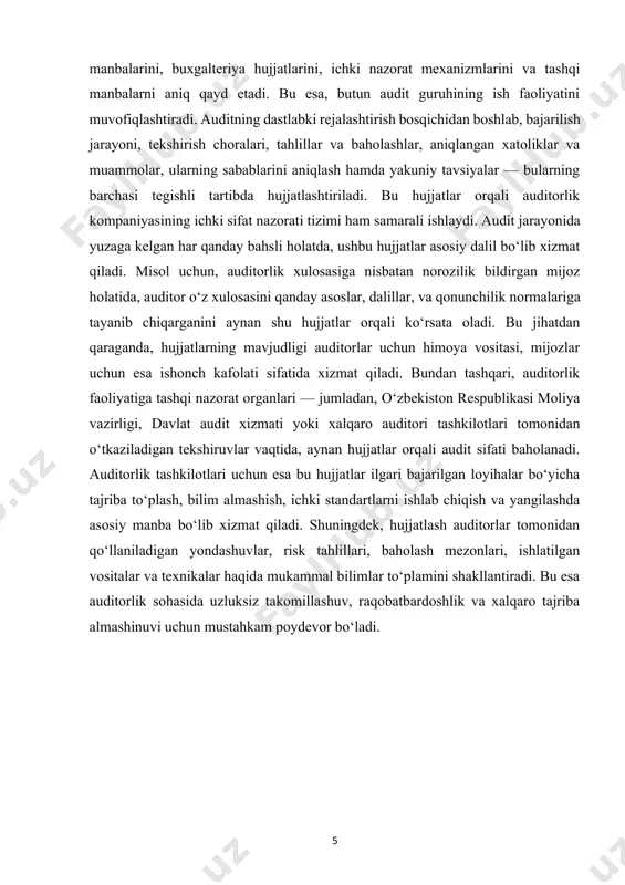 auditori mustaqil bajargan hisob-kitoblar va tahlil natijalari ham muhim dalillar sirasiga kiradi. auditor har bir dalilni hujjatlashtirayotganda, uning manbasi, olingan sanasi, hujjat raqami, asoslanganligi, audit topshirig‘ining qaysi qismiga tegishli ekanligi va u orqali qanday xulosa chiqarilganini batafsil tarzda ko‘rsatib o‘tishi shart. misol uchun, auditor shartnoma asosida amalga oshirilgan sotuv operatsiyasini tekshirayotganda, shartnomaning mavjudligi, amal qilish muddati, tomonlarning vakolatli imzolari, muomala summasi, real bajarilganligi to‘g‘risidagi dalillar (hisob-faktura, to‘lov topshiriqlari, ombor kirim-chiqim hujjatlari) yig‘iladi va alohida bayonnoma shaklida rasmiylashtiriladi. bunday hujjatlash nafaqat auditning ishonchliligi va huquqiy himoyasini ta’minlaydi, balki moliyaviy hisobotning haqiqatga yaqinligini ham aniqlashtirishga xizmat qiladi. audit dalillari ustida olib boriladigan ishlar ularning to‘liqligi, aniqligi, ishonchliligi va mosligini baholash bilan yakunlanadi. auditor har bir dalilga tayanib chiqarilgan qarorni hujjatlarda aniq asoslab qo‘yishi lozim. agar auditor biror buxgalteriya yozuvining noto‘g‘riligini aniqlasa, bu haqda yozma izoh, korxona mutasaddislarining izohi va ehtimoliy moliyaviy ta’sir ko‘lami to‘g‘risidagi hisob-kitoblar kiritiladi. agar shunday xatoliklar tizimli xarakter kasb …