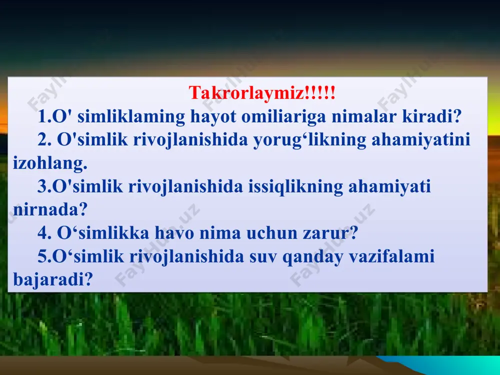 izimi. maʼlumki, tuprok unumdorligi tabiiy jarayonlar taʼsiri ostida, odam faoliyati ishtirokisiz ham shakllangan. dehqonchilikning bu qismiga qirqma-olovli yoki oʼrmon-dalali, qoʼriq va partov yer tizimi kiradi. masalan, qirqma-olovli va qoʼriq yer dehqonchilik tizimi eng eski boʼlib, shu bilan birga yerga nisbatan xususiy mulkchilik boʼlmagan sharoitda u eng ibtidoiy hisoblangan. qirqma dehqonchilik tizimida daraxtlar kesilib kundakov qilingandan keyin oʼrmondagi qoldiqlar yendirib yuborilgan, boʼshagan maydonlardan madaniy ekinlar ekish uchun foydalanilgan. bunda tuproq kislotaligini neytirallashgan hisobiga tuproq oziq elementlariga boyigan, bu esa tuproqda mikrobiologik jarayonlarni aktivlashtirish uchun muhim ahamiyatga ega boʼlgan. ekstensiv yoki oʼtuvchi dehqonchilik tizimi. dehqonchilikning ekstensiv tizimiga shudgorlash tizimi kiradi. bunda tuproq unumdorligi odam ishtirokida shudgorni ishlash yoʼli bilan tabiiy holda, kamroq meliorativ tadbirlar, mexanizatsiya va oʼgʼitlash vositalari yordamida tiklanadi va saqlab turiladi. dehqonchilnkning ekstensiv tizimi oddiy tizimdan shu bilan farq qiladiki, haydash uchun yaroqli yerlarning katta qismi, ekin ekish uchun ajratiladi, kamroq qismi esa shudgor uchun qoldiriladi. dehqonchilikning intensiv jadallashtirilgan) tizimi. …