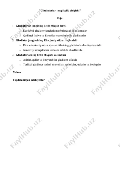 gladiatorlar jangi kelib chiqishi va rim jamiyatida rivojlanishi — DOCX