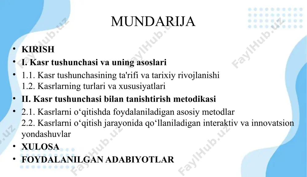 rni o‘qitishda samarali pedagogik yondashuvlar, metodlar va texnologiyalarni aniqlash, o‘quvchilarda kasrlarni aniq va mustahkam o‘zlashtirishga yordam berish. vazifalar: kasr tushunchasining nazariy asoslarini o‘rganish: kasrlarning ta'rifi, turlari va xususiyatlarini aniqlash va ular bilan ishlashda yuzaga keladigan qiyinchiliklarni tahlil qilish. kasrlarni o‘rgatish metodlarini tahlil qilish: o‘qitishda kasrlarni o‘rgatish usullarini, pedagogik texnologiyalarni va innovatsion metodlarni o‘rganish. dolzarbligi. kasr tushunchasi matematika fanining asosiy va muhim bo‘limlaridan biridir. u, nafaqat o‘quvchilarda matematik bilimlarni shakllantirishda, balki kundalik hayotda ham keng qo‘llaniladi. kasrlar arifmetik amallarda, o‘lchovlarda, pul hisoblashda va boshqa sohalarda muhim ahamiyatga ega. shuningdek, kasrlarni o‘qitish orqali o‘quvchilarda analitik fikrlash qobiliyatini rivojlantirish, ularning murakkab matematik masalalarni hal qilishdagi qobiliyatlarini oshirish mumkin. kurs loyihasi metodlari tahlil va sintez metodi: ushbu metod orqali kasr tushunchasining ta'rifi, turlari va xususiyatlarini tahlil qilib, umumiy yondashuvlar va metodikalar ishlab chiqiladi. o‘quv materiallarining tarkibi, o‘quvchilarni kasrlarni o‘rganishga qanday jalb qilish mumkinligi tahlil qilinadi. sintez metodini qo‘llash orqali olingan bilimlar birlashtiriladi va yangi …