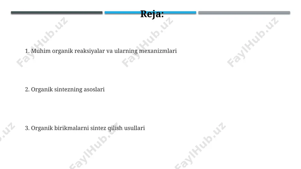 tezligi kabi omillar muhim rol oʻynaydi va ularni nazorat qilish muhim ahamiyatga ega. organik sintezda 100 dan ortiq reaksiyalar mavjud boʻlib, ular turli xil funktsional guruhlarni oʻzgartirish va yangi bogʻlanishlarni hosil qilish uchun qoʻllaniladi. organik birikmalarning sintezi uchun koʻpincha 3-5 bosqichli reaksiyalar ketma-ketligi ishlatiladi, bu esa maqsadli mahsulotning yuqori chiqishini ta’minlaydi. stereoselektiv va enantioselektiv sintez kimyoviy reaksiyalarda yuqori darajadagi enantiomerik va diastereomerik ortiqcha hosil qilish uchun kiral yordamchi moddalar va kiral ligandlar muhim ahamiyatga ega. stereoselektiv sintezda 90% dan yuqori diastereomer ortiqcha hosil bo'lishi mumkin, bu reaksiya sharoitlari va qo'llaniladigan katalizatorlarga bog'liq. enantioselektiv sintezda enantiomer ortiqcha miqdori 99% dan yuqori bo'lishi mumkin, bu kiral katalizatorlar yordamida amalga oshiriladi. nomreaksiyalar va ularning qo‘llanilishi diels-alder reaksiyasi [4+2] sikloqo‘shilish reaksiyasi bo‘lib, 6 a’zoli halqali birikmalarni yuqori selektivlik bilan hosil qilishda, 90% dan yuqori chiqim bilan, qo‘llaniladi. nomreaksiyalar, masalan, grignard reaksiyasi (rmgx), karbonil birikmalarini alkogolga aylantirishda keng qo‘llaniladi va 100 dan ortiq turli organik …