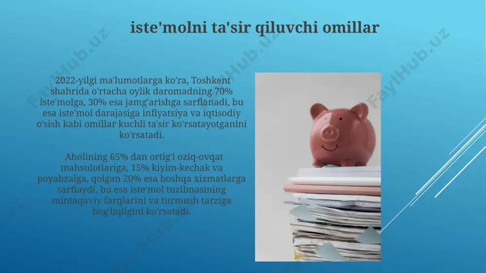 , yillik 8% dan yuqori daromad olish imkoniyatini beradi. tejash turlari tejash turlari, 2022 yilda o'zbekistonning andijon viloyatida o'tkazilgan tadqiqotlarga ko'ra, 30%dan ortiq aholi o'rtacha 500 000 so'm miqdorida iste'mol qilishga yo'naltirilgan. tovarlar va xizmatlarning 7 ta asosiy turi bo'yicha tejash hajmi toshkent shahrida o'rtacha oylik maoshi 3 million so'mdan yuqori bo'lgan 15% aholining tejash stavkalarini 10% dan yuqori deb aniqlandi. e'tiboringiz uchun rahmat @taqdimot_robot image1.jpg image2.jpg image3.jpg image4.jpg image5.jpg image6.jpg image7.jpg image8.jpg image9.jpg image10.jpg