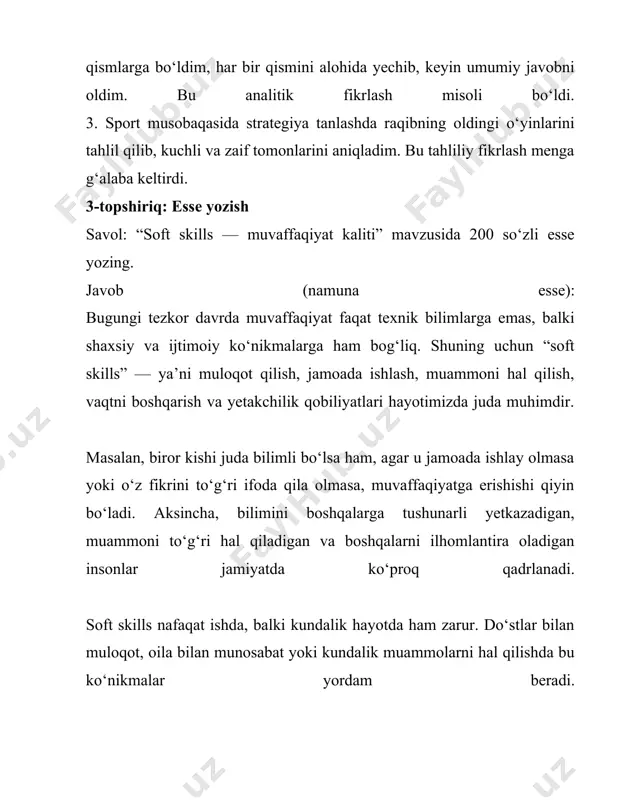muvaffaqiyatli kompaniyalardan biriga aylantirdi. 5-topshiriq: muhokama savoli savol: “nega bugungi davrda soft skills texnik bilimlardan ham muhim bo‘lib bormoqda?” javob: bugungi davrda texnik bilimlar juda ko‘p odamlar tomonidan o‘zlashtirilmoqda. ammo barcha mutaxassislar ichida ajralib turish uchun faqat texnik bilim yetarli emas. soft skills insonga o‘z bilimini boshqalarga yetkazish, jamoa bilan ishlash, rahbarlik qilish imkonini beradi. masalan, bir dasturchi kod yozishni bilishi mumkin, lekin u jamoa bilan aloqa qilmasa yoki mijozni tushunmasa, loyiha muvaffaqiyatli bo‘lmaydi. shu bois, kompaniyalar hozirda faqat bilimli emas, balki odamlar bilan ishlash qobiliyatiga ega xodimlarni qidiradi. demak, soft skills nafaqat bilimni kuchaytiradi, balki uni amaliyotda to‘g‘ri qo‘llash imkonini ham beradi. shu sababli zamonaviy davrda soft skills texnik bilimlardan kam emas, balki ko‘pincha ustun bo‘lib bormoqda.
