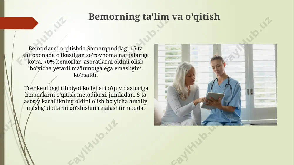 tli muloqot, masalan, kasalxonaning 3-bo'limida 70% bemorlarning davolanish jarayoniga ijobiy ta'sir ko'rsatadi va sog'ayish tezligini 20% ga oshiradi. oila a'zolari bilan hamkorlik тошкент шаҳридаги 3-сонли шифохонада ўтказилган сўровнома 500 дан ортиқ бемор ва уларнинг оила аъзолари билан ўзаро ҳамкорликнинг самарадорлигини 85%га оширишга ёрдам берди. самарқанд вилоятидаги 10 та оилавий поликлиникада 2022 йилда жорий этилган янги дастур оила аъзоларининг беморлар парваришига жалб этилишини 2 бараварга оширди, бу эса даволаниш натижаларига ижобий таъсир кўрсатди. bemorga yondashuvning asosiy tamoyillari sog'lom turmush tarzini targ'ib qilish, jumladan, muntazam jismoniy mashqlar (haftada kamida 3 marta, har safar 30 daqiqa) va to'g'ri ovqatlanish (5 ta meva va sabzavot) bemorning tezroq tuzalishida muhim ahamiyat kasb etadi. bemorning psixologik holatini hisobga olish, masalan, 15 yoshli bemorda stress darajasini aniqlash va unga mos keladigan psixologik yordam ko'rsatish, samarqanddagi bolalar shifoxonasida qo'llaniladigan usullardan biridir. reanimatsion yordam ko'rsatish reanimatsiya jarayonida defibrillyatorning 200-360 j quvvatdagi zaryadi yurak ritmini tiklashda samarali bo'lib, andijon viloyatida …