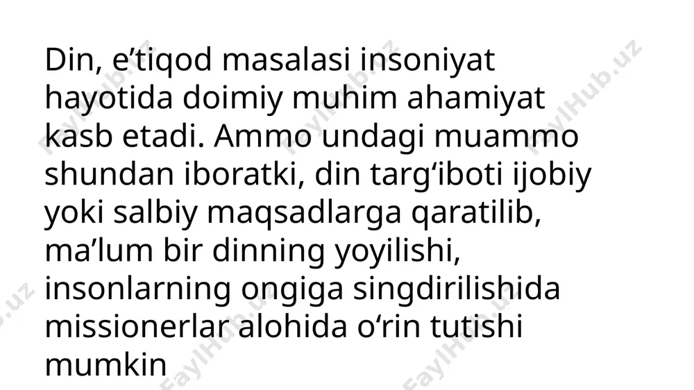 rib, u yerlarda o‘zlariga ergashganlar sonini ko‘paytirib, kelajakda go‘yo ularning xohish-irodasi va kayfiyatlari sifatida bo‘linish(separatistik) g‘alayonlarini chiqarish va oqibatda mamlakatni parchalab tashlash. to‘rtinchidan, «inson huquqlarini himoya qilish», «vijdon erkinligini ta’minlash» kabi sirtdan chiroyli shiorlar niqobi ostida oddiy sud-prokuratura organlaridan tortib to davlat rahbari ishlarigacha aralashish va mustaqil davlat boshqaruviga yo‘l qo‘ymaslik beshinchidan,jamiyatni doimiy bezovta qilib turish orqali boshqaruvda asabiy bir vaziyatni vujudga keltirish; turli-tuman matbuot organlari va nodavlat tashkilotlar vositasida tashviqot yuritib, o‘zlarini go‘yo xalqning himoyachisi qilib ko‘rsatish va xalq «dardi»ni aytib, davlatga qarshi gij-gijlash, davlatni esa bu qutqularni bostirish uchun keskin choralar ko‘rishga majburlash va mana shu yo‘l bilan xalq va davlat orasiga o‘zaro ishonchsizlik ruhini singdirish. ko‘rib turibmizki, missionerlar amalga oshirayotgan ishlar dinga, diniy da’vatga hech qanday aloqasi bo‘lmay, balki bir mamlakatni o‘zlarining siyosiy tizginlariga solib olish uchun rejalashtirilgan nayrang uslublaridir. 02 muammo nafaqat diniy, balki siyosiy kuchsizlantirishga qaratilganligi bilan xavfli va tashvishlidir. chunki natija bevosita mamlakat xavfsizligiga …