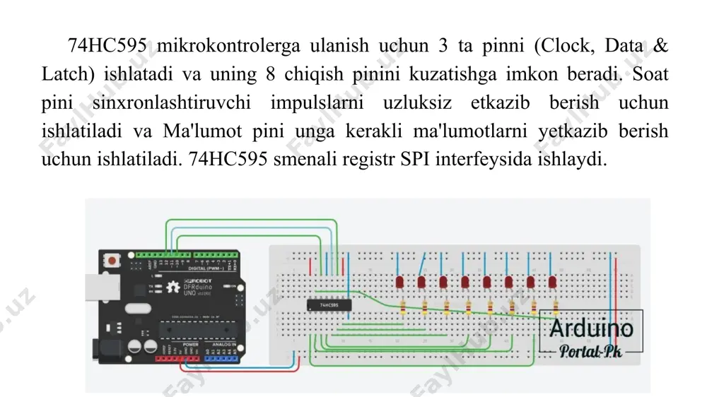 barcha ledlarning manfiy terminallari bir -biriga bog‘lanib, umumiy asos hosil qiladi. umumiy anod (oa) sxemasida, barcha ledlarning musbat terminallari umumiy kuchlanishining (vcc) umumiy terminalini hosil qilish uchun bir -biriga ulanadi. modelni yig‘ish uchun bizga quyidagilar kerak: 1 × arduino platasi 1 × usb kabeli 1 × panel (doska) 1 × shift registri 74hc595n 1 × 4 raqamli 7 segmentli ko‘rsatkich 4 × qarshilik (200 ω / 220 ω) ulash uchun similar modelning arduinoga ulanish sxemasi: mustaqil ishlash uchun topshiriqlar: 1. ma’ruzaning nazariy materialini o‘rganish. 2. bundan tashqari ishlatilgan internet -resurslarni o‘rganing. 3. arduino sxemalarini o‘zingiz ulang. 4. arduino ideda mustaqil ravishda bu ish uchun dastur yozing. havolalar 1. https://microkontroller.ru/arduino-projects/kak-ispolzovat-registr-sdviga-74hc595-s-arduino-uno/ 2. https://arduinoplus.ru/74hc595-arduino/ 3. https://ampermarket.kz/base/ex9-4-digit-7-segment-led-display/ 4. https://microkontroller.ru/arduino-projects/chasy-na-arduino-i-semisegmentnyh-displeyah/ thank you that you took the time to watch image1.png image2.png image3.jpeg image4.png image5.jpeg image6.png image7.png image8.png image9.png image10.png image11.png image12.jpeg image13.png image14.png image15.jpeg image16.png image17.png /docprops/thumbnail.jpeg