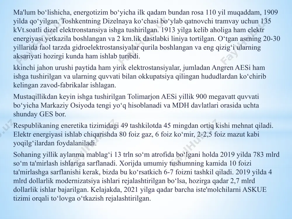 n. m. usmonxoʻjayev). sanoat va qurilishda keng qoʻllaniladigan titrama gʻalvirlar uchun elektr yuritmalarining yangi turlari yaratilib, ishlab chiqarishga joriy etildi (n. x. bozorov). ikki motorli elektr yuritmalar, shuningdek, qutblari keng oʻzgarishga ega boʻlgan asinxron motorlari nazariyalari yaratildi (x. g. karimov). elektr zanjirlari va tizimlarining chizikli boʻlmagan nazariyasi va hisobiy usullariga doir hamda avtomatika va hisoblash texnikasi elementlarini ishlab chiqish boʻyicha maktab yaratildi (gʻ. r. rahimov). parametrik zanjirlar va tizim (3. i. ismoilov), boshqarish elementlari va texnika vositalari (p. f. hasanov), avtoparametrik tebranishlar zashkirlarida oʻzgaruvchan tok fazalar soni va chastotasini oʻzgartirish (a. s. karimov) nazariyalari yaratildi. energetika tizimlarining samaradorligini oshirish, quvvatni tejash va ekologik sof energetikaning dolzarb muammolari boʻyicha fundamental tadqiqotlar olib boriladi. yangi energiya manbalarini topish, qayta tiklanuvchi energiya manbalari samaradorligini oshirish hamda ularni energiya tizimida qoʻllanish koʻlamini kengaytirish istiqbolli masalalardir. oʻzbekiston respublikasida e. masalalari bilan, asosan, oʻzbekiston fa energetika va avtomatika institutipz., oʻzbekiston milliy untida, toshkent texnika untida, soha …