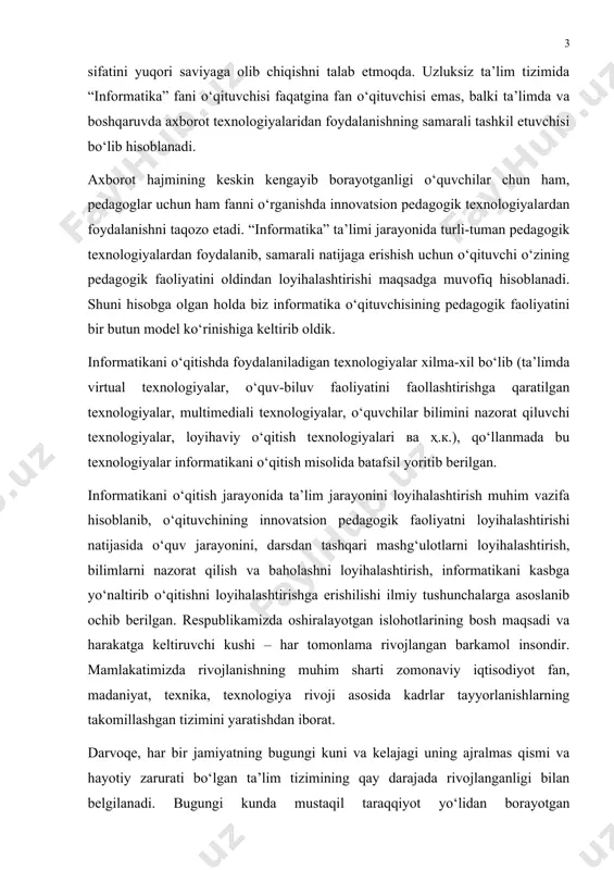 uammolarning biri hisoblangan. kadrlar tayyorlash sohasidagi davlat siyosati uzluksiz ta’lim tizimi orqali shaxsning har tomonlama barkamol bo‘lib yetishishini ko‘zda tutadi. shaxs uzluksiz ta’limda va kadrlar tayyorlashda ta’lim va xizmatlarining iste’molchisi sifatida namoyon bo‘ladi. shaxs ta’lim xizmatlarining ishlab chiqaruvchisi sifatida ta’lim jarayonida bilim va tajribani talaba (yoki o‘quvchi)ga uzatish, ishlab chiqarish moddiy muhiti sharoitida, shunungdek, fan, madaniyat va ta’lim xizmatlarida ishtirok etadi. respublikada shaxslarga o‘z ijodiy salohiyatini amalga oshirish uchun mutaxasislik ta’lim dasturini tanlash huquqi berilgan. oliy ta’lim uzluksiz ta’limda muhim o‘rinni egallaydi. oliy, umumiy o‘rta, o‘rta maxsus, kasb-hunar ta’limlari uzluksiz ta’lim tizimining mustaqil turi hisoblanadi va o‘zbekiston respublikasi “ta’lim to‘g‘risida”gi qonuni va “kadrlar tayyorlash milliy dasturi”ga muvofiq amalga oshiriladi. ushbu hujjatlarda oliy ta’limning belgilangan vazifalaridan biri yuqori saviyada o‘qitishni ta’minlash va malakali kadrlarni zamonaviy ta’lim kasb-hunar dasturlari asosida tayyorlashdir. oliy ta’lim o‘qituvchisining faoliyati shaxsni tarbiyalash jarayonida ta’lim-tarbiya olish sharoitlarini yaratish, uning ehtiyojlarini qondirish va qobilyatlarini ochish hamda rivojlantirishga yo‘naltirilgan bo‘lishi …