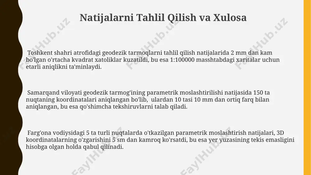 da yuqori deb baholanadi. eng kichik kvadratlar metodi eng kichik kvadratlar metodi, 3d koordinatalarni aniqlashda, xatoliklar matritsasi va og'irlik koeffitsiyentlarini hisobga olish orqali, masalan, farg'ona vodiysidagi 200 ga yaqin nuqtadan iborat geodezik tarmoq uchun, optimal natijalarni ta'minlaydi. eng kichik kvadratlar metodi (ekkm) geodezik tarmoqlarni parametrlarini moslashtirishda, masalan, 100 dan ortiq nuqtalarni o'z ichiga olgan toshkent shahri geodezik tarmog'ida, kuzatuvlarning ortiqcha miqdoridan foydalanib, eng aniq natijalarni olish imkonini beradi. ekkm yordamida, masalan, samarqand viloyatining 5 km² maydonidagi geodezik tarmoqdagi koordinatalarni aniqlashda, noaniqliklarni kamaytirish va o'lchov xatolarini minimallashtirish mumkin, bu esa natijalar ishonchliligini oshiradi. xatolarni baholash va tarqalishini tahlil qilish қорақалпоғистон республикасидаги 200 та нуқтадан иборат геодезия тармоғидаги кузатувларнинг тарқалишини баҳолашда, коррелятсия коэффициенти 0.85 қиймати олинди, бу эса хатолар ўртасидаги ўзаро боғлиқликни кўрсатади. тошкент шаҳридаги геодезия тармоғининг 10 та нуқтасидаги хатолар таҳлили 2 мм дан 5 мм гача бўлган стандарт хатoликни кўрсатди, бу эса кузатувларнинг сифатини баҳолашда муҳим аҳамиятга эга. навоий вилоятидаги …