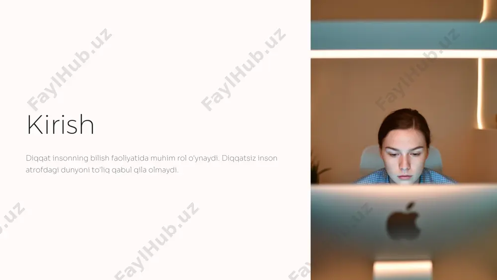 atishi mumkin. bu qobiliyat odamlarga samaradorlikni oshirishga va kundalik hayotdagi turli vaziyatlarga moslashishga yordam beradi. 12 diqqatni rivojlantirish va yaxshilash diqqatni rivojlantirish va yaxshilash – bu uzoq muddatli jarayon, vaqt talab qiladi. diqqatning asosiy xususiyatlarini yaxshilash orqali hayotning turli sohalarida muvaffaqiyatga erishish mumkin. 1 mashqlar turli mashqlar yordamida diqqatni oshirish mumkin. diqqatni oshirish mashqlari miyani faolroq ishlashga undaydi. 2 tizimlilik diqqatni rivojlantirish uchun o'ziga xos tizimli yondashuv zarur. har kuni qisqa vaqt ajratish muhim. 3 yaxshi ovqatlanish to'g'ri ovqatlanish miyaning faoliyatiga ijobiy ta'sir ko'rsatadi. miya uchun kerakli ozuqalar diqqatni oshirishga yordam beradi. 13 diqqatni rivojlantirish uchun tavsiyalar tartib-intizom kundalik hayotingizda tartib-intizomga e'tibor bering. rejalaringizni tuzing, vaqtni samarali ishlating. meditatsiya meditatsiya diqqatni jamlash va ruhiy tinchlikka erishishga yordam beradi. sport sport bilan muntazam shug'ullanish diqqatni jamlash va miyani faollashtirishga yordam beradi. o'yinlar diqqatni rivojlantirishga yordam beradigan o'yinlar bilan shug'ullaning. 14 diqqatni oshirish uchun amaliy mashqlar 1 meditatsiya meditatsiya diqqatni oshirishga yordam …