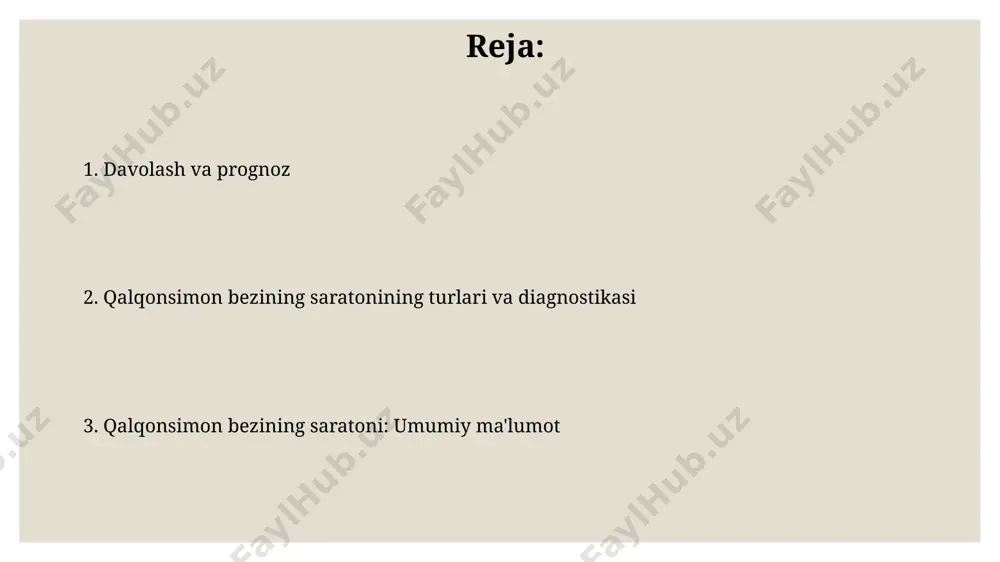 dir. qalqonsimon bezining saratoni nima? qalqonsimon bez saratonining davolash usullari jarrohlik amaliyoti, radioaktiv yod terapiyasi va kimyoterapiyani oʻz ichiga oladi. 5 yillik omon qolish darajasi, saratonning bosqichi va turiga qarab, 90% dan yuqori boʻlishi mumkin. qalqonsimon bez saratonining 4 asosiy turi mavjud: papillyar, follikulyar, medulyar va anaplastik. papillyar turining 80% dan ortigʻi erkaklar va ayollar orasida 30-50 yosh oraligʻida uchraydi. e'tiboringiz uchun rahmat @taqdimot_robot image3.jpg image4.jpg image5.jpg image6.jpg image7.jpg
