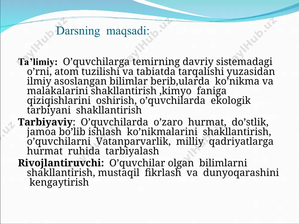 xossasidan foydalandi? d. i. mendeleyev 1869 yilda karlsruedagi kimyogarlar anjumanida davriy qonunni kashf etganligini e’lon qilganida unga eng kata mukofot sifatida nima sovg’a qilishgan? bundan 500 yil avval siri-lanka orolining shimolida bir maqbara bunyod etilgan. haligacha uning bitta ham g’ishti ko’chmagan. tekshirishlar aniqlashicha binoning g’ishti oddiy loy yoki sement bilan emas, balki qimmatbaho mahsulot bilan terilgan ekan. bino gishti nimadan terilgan bo’lishi mumkin? yangi mavzu bayoni : temir davriy sistemaning sakkizinchi guruhi yonaki guruhchasida joylashgan element bo’lib qadimdan ma’lum. tartib nomeri 26. kimyoviy belgisi fe. nisbiy atom massasi 55,847 ga teng. d-metallar oilasiga kiradi. kimyoviy reaksiyalarda temir atomi 4s-tashqi elektron qobig'idan ikkita elektron ajratib, +2 zaryadli ionga aylanadi. fe+2 ioni 3d-qavatdan yana bitta elektronni ajratib, +3 zaryadli ionga aylanishi mumkin. temir +2 va +3 oksidlanish darajasiga tegishli birikmalar qatorini hosil qiladi fe 0, +2, +3 oksidlanish darajalarini namoyon qiladi alyuminiydan keyin temir yer yuzasida eng ko'p tarqalgan metalldir. ayrim ma'lumotlarga …