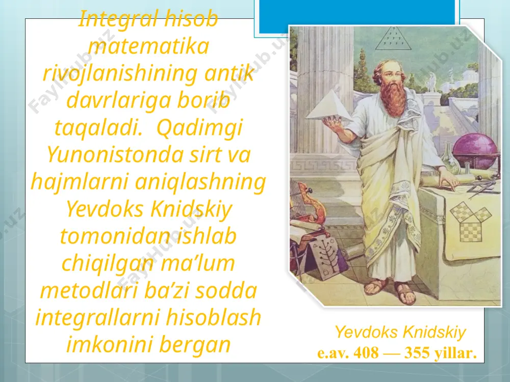 `ni u holda almashtirish yordamida ratsional funksiyani intеgrallashga kеltiriladi. 2-misol. ko`rinishdagi intеgralni qaraymiz (m va n lar butun sonlar) misol: va ko`rinishdagi integrallarni topish. misol: integral topilsin. 4. ko’rinishdagi integrallarni topish misol. integralni toping foydalanilgan adabiyotlar 1. gerd baumann. mathematics for engineers i. basic calculus. oldenbourg verlag munchen 2010. 2. gerd baumann. mathematics for engineers ii. calculus and linear algebra oldenbourg verlag munchen 2010. 3. claudio canuto, anta tabacco. mathematical analysis i, ii. springer-verlag, italia, 2008 4. соатов ё.у олий математика. 1-5 қисмлар. -т.: ўқитувчи, 1995. 5. danko p.s., popov a.g., kojevnikova t.ya. oliy matematika misol va masalalarda, 1-qism. -t.: o'zbekiston faylasuflar milliy jamiyati, 2007. image2.jpeg image3.png image4.jpeg image5.png image6.jpeg image7.png image8.png image9.png image10.png image11.wmf image12.wmf image13.wmf image14.wmf oleobject1.bin oleobject2.bin oleobject3.bin oleobject4.bin image15.wmf oleobject5.bin image16.wmf image25.wmf image26.wmf image27.wmf image28.wmf image29.wmf image30.wmf image31.wmf image17.wmf image18.wmf image19.wmf image20.wmf image21.wmf image22.wmf image23.wmf image24.wmf oleobject10.bin oleobject11.bin oleobject12.bin oleobject13.bin oleobject14.bin oleobject15.bin oleobject16.bin oleobject17.bin oleobject18.bin oleobject19.bin …