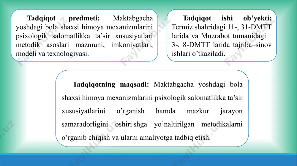 i” monografiyasida umumlashtirish va tizimlashtirishga harakat qildi. psixologik himoya nima? birinchi marta zigmund freyd tomonidan 1894-yilda o‘zining “himoya mexanizmlari” asarida tasvirlangan. 1. ota-onalar tomonidan ko’rsatilgan himoya xatti-harakatlarining namunalarini o’zlashtirish; bolada himoya mexanizmlari quyidagilar natijasida yuzaga keladi: 2. ota-onalarning salbiy ta’siri. anna freyd : bolalardagi himoya mexanizmlari himoya xarakteriga ega va shaxsning normal psixologik holatini saqlab turadi, uning tartibsizlanishini oldini oladi. bolada har bir himoya mexanizmi birinchi navbatda o’ziga xos instinktiv impulslarni o’zlashtirish uchun shakllanadi va shuning uchun individual rivojlanishning ma’lum bir bosqichi bilan bog’liq, deb ta’kidlaydi. 10 ii bob. maktabgacha yoshdagi bola shaxsi himoya mexanizmlarini psixologik salomatlikka ta’sir xususiyatlarini aniqlash metod, usullari va tashkil etish shakllari 2.1. maktabgacha yoshdagi bola shaxsining salomatlik darjasini aniqlash va uning ko’rsatkichlarini belgilash usullari 2.2. maktabgacha yoshdagi bola shaxsi shakllanishida sog’lom turmush tarzini tashkil etishning psixologik salomatlikka ta’sir mexanizmlarini ishlab chiqish uni amaliyotga tatbiq etishning ahamiyati 2.3. maktabgacha ta’lim tashkilotida psixolog va ota-onalar bilan bola …