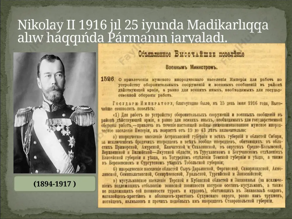i), jazdiq (ikkidan biri), qirq, tojik, sangzor, qora suv (ikkidan biri), so’fi, jetti buloq (hammasi), oq mulla (2 uy), qichik qorashaqshaq, katta qorashaqshaq, guralas (ikkidan biri). harbiy gubernator, general-mayor likoshin» 13 jeńiliw sebepleri áskeriy tarawdan xabarı joqlıǵı apiwayi miynet qurallari menen qurallaniwi taktikalıq hám straregiyalıq uqıpsızlıq awızbirshiliktiń joqlıǵı 1—awıllardıń jandırılıwı sebepli kópshilik adamlar úy jaysız qaldı. 2—jaz máwsimi bolǵanlıqtan egislik jerler, awıl xojalıq ónimleri nabıt boldı. 3—kóplegen puxaralardiń qurban bolıwı. joǵaltıwlar: turkstan xalqınan 673 mıń adam qurban boldı, 300 mıń adam shet ellerde shıǵıp ketti. 100 mıńlap adamlar mal mulkinen ayırıldı. rossiyanıń birinshi jáhán urısına qatnasıwı , xalıq turmısına unamsız tásir etti. xalıqtıń mádikarlıqqa jiberiliwi jergilikli xalıqtıń ulken bóleginiń qáwendersiz qaldırdı. 1916 jılǵı kóterilisler patsha húkimeti tárepinen ayawsız túrde bastırıldı. kóterilis aqıbetleri: madikarlıqqa qarsı qaratılǵan kóterilis milliy azatlıq xarakterindegi háreketke aylanıp ketti. bul kóteriliske xalıqtıń barlıq qatlam wákilleri qatnastı. kóterilis koloniyalıq húkimetti albiratti. patsha húkimeti ayırım sharalar kóriwge, jeńillikler beriwge, …