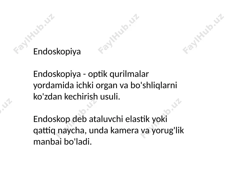 an penetratsiya chuqurligi, asosan yuza to'qimalarni tekshiradi. farqlari 1. endoskopiya: ichki organlarni to'g'ridan-to'g'ri vizualizatsiya qiladi. 2. okt: yuzaki to'qimalarni yuqori aniqlikda mikroskopik darajada skanerlaydi. qo'llanilishi: ichki qon ketishlarni aniqlash. shishlar, poliplar va o'smalarni aniqlash va biopsiya olish. yallig'lanish, yaralar va strikturalarni aniqlash. kichik jarrohlik amaliyotlari, masalan, poliplarni olib tashlash. endoskopiya va okt taqqoslovi xulosa endoskopiya va okt diagnostikasi har xil maqsadlarga xizmat qiladi. endoskopiya - ichki organlarning umumiy va invaziv tekshiruvi uchun ideal. okt - mikroskopik va invaziv bo'lmagan tekshiruv uchun samarali. e'tiboringiz uchun rahmat!