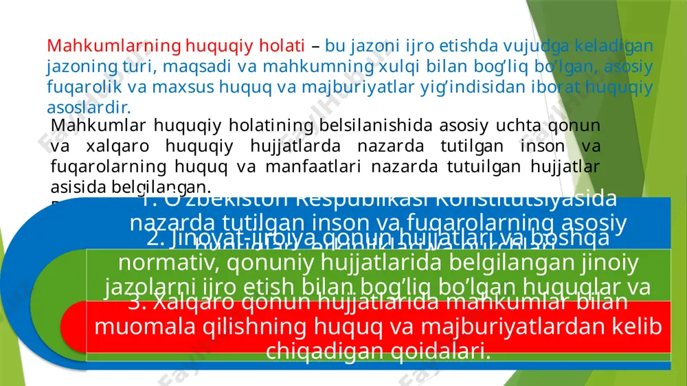 rtlaridan kelib chiqqan holda belgilanadi. mahkumlarning asosiy huquqlari (9-modda) jazoni o‘tash tartibi va shartlari to‘g‘risida, o‘z huquqlari va majburiyatlari haqida axborot olish; o‘quv, badiiy va boshqa xil axborot materiallaridan foydalanish; o‘z taklif, ariza va shikoyatlariga murojaat etilgan tilda javob olish. murojaat etilgan tilda javob berishning iloji bo‘lmagan taqdirda javob o‘zbekiston respublikasining davlat tilida beriladi. javobni intizomiy qismga jo‘natish va ozodlikdan mahrum etishga hukm qilingan shaxs murojaat etgan tilga tarjima qilib berish jazoni ijro etuvchi muassasa yoki organ tomonidan ta’minlanadi; jazoni ijro etuvchi muassasa yoki organ ma’muriyatiga, boshqa davlat organlari va jamoat birlashmalariga o‘z ona tilida yoki boshqa tilda taklif, ariza va shikoyatlar bilan murojaat etish; tushuntirish berish hamda yozishmalar olib borish, zarur hollarda tarjimonning xizmatidan foydalanish; mahkumlarning asosiy huquqlari (9-modda) sog‘lig‘ini saqlash, shu jumladan tibbiy xulosaga ko‘ra ambulatoriya-poliklinika va statsionar sharoitda tibbiy yordam olish; ijtimoiy ta’minot, shu jumladan qonunchilikka muvofiq pensiya olish. jazoni ijro etish muassasasining psixologik xizmat ko‘rsatish xodimlari …