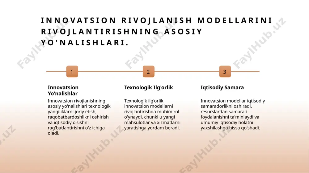 , texnologik yangiliklarni amaliyotda qo'llash imkoniyatlarini kengaytiradi. 3 hamkorlik aloqalari innovatsion rivojlanishda hamkorlik aloqalari muhim rol o'ynaydi. korporatsiyalar va ilmiy muassasalar o'rtasidagi sinergiya yangi mahsulot va xizmatlarni yaratadi. 4 bozor talablari bozor talablarini o'rganish innovatsion strategiyalarni shakllantirishda muhimdir. talablarga moslashish raqobatbardoshlikni oshirib, muvaffaqiyatni ta'minlaydi. innovatsiyalarni rag'batlantirish: o'zbekiston tajribasi. 1 davlat dasturlari o'zbekiston innovatsiyalarni rag'batlantirish uchun davlat dasturlarini rivojlantirmoqda. bu dasturlar texnologik yutuqlar va iqtisodiy taraqqiyotni qo'llab-quvvatlashga qaratilgan. 2 ta'lim islohotlari ta'lim tizimida islohotlar amalga oshirilmoqda, bu esa yosh tadqiqotchilar va innovatorlar uchun yangi imkoniyatlar yaratadi. ular ilmiy izlanishlarga jalb qilinmoqda. 3 xususiy sektor xususiy sektor innovatsiyalarni rag'batlantirishda muhim rol o'ynaydi. yangi startaplar va tadbirkorlik loyihalari davlat tomonidan qo'llab-quvvatlanmoqda. texnologik taraqqiyotda ilmiy tadqiqotlarning roli. 01 ilmiy tadqiqotlar ilmiy tadqiqotlar texnologik taraqqiyotning asosidir. ular yangi texnologiyalarni yaratish va mavjudlarini takomillashtirishga yordam beradi. 02 innovatsiya omillari tadqiqotlar innovatsiyalarni shakllantirishda muhim rol o'ynaydi. ular yangi g'oyalarni ishlab chiqish va ularni amaliyotga tatbiq etishga yordam …