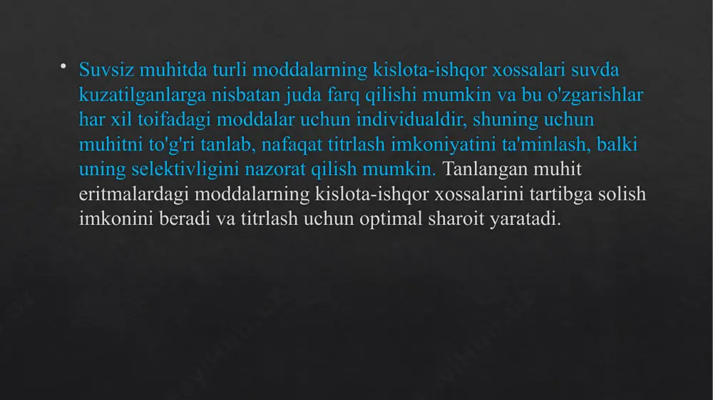 r (barbituratlar va ksantinlar kabi), imidlar, fenollar, pirrollar, sulfanilamidlar va asosli erituvchilarda miqdoriy deprotonlanishi mumkin bo'lgan boshqa birikmalar kislotalar sifatida titrlanishi mumkin. asos sifatida azot saqlagan geterosiklik birikmalar, amidlar, oksazolinlar va to'rtlamchi ammoniy asoslari, asoslar va organik kislotalarning tuzlari, asoslar va kuchsiz noorganik kislotalarning tuzlari, shuningdek, kislotali erituvchilarda protonlanishi mumkin bo'lgan ba'zi amin tuzlari va boshqa birikmalar titrlanishi mumkin. kislotalar yoki asoslar aralashmalarini alohida titrlash uchun farqlovchi erituvchilar ishlatiladi, ya'ni. odatda pki qiymati 15 dan yuqori bo'lgan erituvchilar. agar birikma sof erituvchida erimasa yoki neytrallash mahsulotlari cho'ksa, titrlash ikki yoki uchta komponentdan tayyorlangan suvsiz erituvchilar aralashmalari, ulardan biri aprotik (benzol, xloroform va boshqalar) ishlatiladi. aprotik (inert) erituvchining mavjudligi muhitning ion mahsulotini (ki) kamaytiradi, bu ba'zan titrlash sharoitlarini yaxshilaydi. differentsiallashtiruvchi ta'sirga ega erituvchilar ko'pincha 1:1 dan 1:20 gacha bo'lgan nisbatda inert erituvchilar bilan aralashtiriladi. bunday erituvchilarda indikatorlarning rangi o'zgarishi aniqroq sodir bo'ladi va potentsial sakrash ko'pincha kislotali yoki asosli erituvchilarga qaraganda …