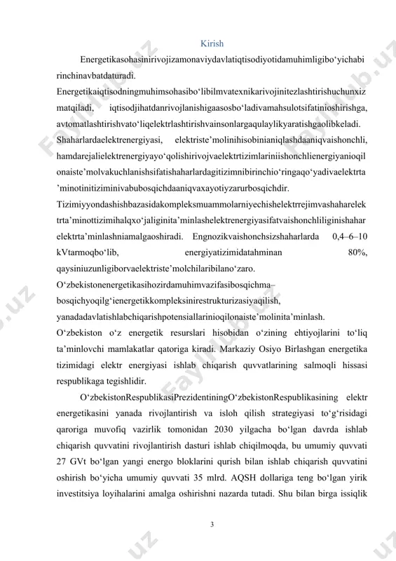 qda, respublika hududida quvvati 40 vtdan yuqori bo‘lgan cho‘g‘lanma lampalarni sotish to‘xtatildi. xalq ta’limi vazirligi, sog‘liqni saqlash vazirligi va o‘rta maxsus kasb-hunar ta’limi markazining byudjetdan moliyalashtiriladigan muassasalarida energiya sig‘imi yuqori bo‘lgan isitish qozonlarini energiya tejamkorlariga almashtirilmoqda. energetika tarmog‘ida zamonaviy gaz va bug‘ turbinali qurilmalarni joriy qilish bo‘yicha investitsiya loyihalari amalga oshirilmoqda. 2017-2021-yillarda gidroenergetikani yanada rivojlantirish chora-tadbirlariga doir qabul qilingan dastur doirasida 42 ta yangi gidroelektrostansiya qurish va ishlab turgan 32 ta gidroelektrostansiyani modernizatsiya qilish hisobiga 2025-yilga qadar respublikamizning ekologik toza gidroenergiya ishlab chiqarish quvvatlarini 1,7 barobarga oshirish nazarda tutilmoqda. shu bilan birga, ko‘rilayotgan chora-tadbirlarga qaramasdan, milliy iqtisodiyotning energiya sig‘imi yuqoriligicha qolmoqda, qayta tiklanuvchi manbalarni sanoat ishlab chiqarishiga jalb etish hisobiga yoqilg‘i-energetika balansini diversifikatsiyalash darajasi jahon tendensiyasiga javob bermaydi. elektr va issiqlik energiyasini ishlab chiqarishda birlamchi yoqilg‘i sifatida asosan tabiiy gaz va boshqa an’anaviy uglevodorod yoqilg‘i turlaridan foydalanilmoqda. elektr va issiqlik energiyasini ishlab chiqarishda qayta tiklanuvchi energiya manbalarining (quyosh, shamol va …