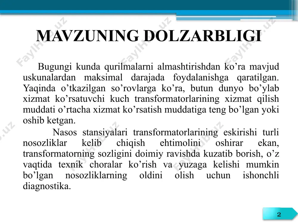 sformatorlar soni 2ta kuchlanishi 110/6 kv quvvati 6300 kva yordamchi transformator quvvati 250 kva 5 5 teplovizr qurilmasi - (infraqizil kamera, termal tasvirlash qurilmasi) infraqizil to’lqin uzunligi diapazonidagi tasvirlarni olish uchun qo’llaniladi. ya’ni, boshqacha qilib aytganda, issiqlik tasvirlagichi ko’rinmas termal (infraqizil) nurlanish chiqaradigan ob’ektlarning ko’rinadigan tasvirini olish uchun mo’ljallangan optik-elektron tizimdir. 6 termal tasvirni monitoring qilishga ta’sir qiluvchi bir qator omillar mavjud: shuni ta’kidlash kerakki, termal tasvirning har qanday usuli bilan o’lchov natijalariga yoki olingan ma’lumotlarni tahlil qilishga ta’sir qiluvchi bir qator omillarni aniqlash mumkin. bu omillarni uchta asosiy guruhga bo’lish mumkin: 1. atrof muhit; 2. inson omili; 3. texnik jihat. birinchi guruh “atrof-muhit’’ ob-havo sharoitlarini (havo harorati, namlik, bulutlilik, shamol kuchi va boshqalar), kunning vaqtini o’z ichiga oladi. ikkinchi guruh “ inson omili ’’ xodimlarning malakasi bo’yicha kasbiy bilimlarni, jihozlarning joylashuvi va joylashishini bilishni va termal tasvirni nazorat qilishni o’z ichiga oladi. uchinchi guruh“ texnik jihat ’’ diagnostika qilinayotgan …