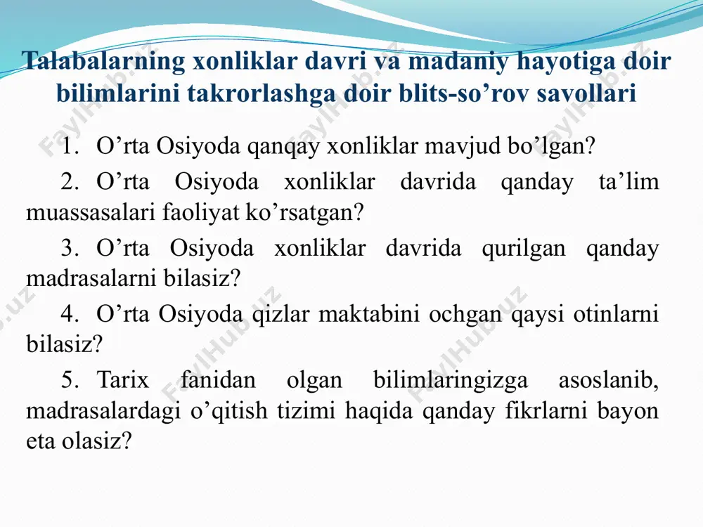 da ta’lim mazmuni qizlar maktabining tashkil etish shart-sharoiti eng mashxur qizlar maktabini tashkil etilgan otinlar qizlar maktabida ta’lim mazmuni masjid va xonaqohlar qoshida ochilgan maktablarda faqat o‘g‘il bolalar o‘qitilgan. qiz bolalar o‘z davrining o‘qimishli ayollari tomonidan uylarida ochilgan maktablarda o‘qitilgan. ayol muallimani o‘lkaning turli hududlarida “otinoyi”, “otinbibi”, “bibiotin”, “bibixalifa” deb ataganlar. qizlar maktabi o‘g‘il bolalar maktablariga nisbatan ancha kam bo‘lgan, ko‘p hollarda maktabdorlarning, imomlarning xotinlari maktabdorlik qilgan. dilshodi barno-ning qizlar maktabi. jahon otin uvay-siyning qizlar maktabi. anbar otinning qizlar maktabi. qizlar maktabida qizlarga savod, diniy va adabiy bilimlar beril-gan. mazkur ta’lim muassasalarini ko’pchi-lik qizlar nazm bilan oshno bo’lib, keyincha-lik o’zlari ham otinoyi-lik bilan shug’ulla-nishgan. otinoyilar faoliyatining o’ziga xosliklari dilshodi barnoning qizlar maktabi jahon otin uvaysiyning qizlar maktabi anbar otinning qizlar maktabi atoqli zullisonayn shoira dilshodi barno 50 yildan ortiq muallimalik qilib, qizlarga xat-savod o‘rgatdi, tab’i nazm qizlarga she’riyat ilmidan dars berdi. dilshod o‘z maktabida yosh qizlarni tarbiyalar, ularga xat-savod o‘rgatar …