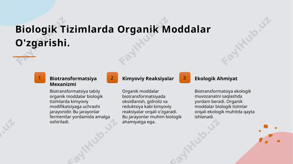 talizator vazifasini bajaradi, organik moddalarni qayta ishlash orqali tuproq unumdorligini oshiradi va o'simlik o'sishini qo'llab-quvvatlaydi. 4 ekologik muvozanat biotransformatsiya jarayonlari atrof-muhitdagi toksik moddalarni kamaytiradi, bu esa biologik xilma-xillik va ekologik barqarorlikni ta'minlaydi, muvozanatni saqlaydi. biotransformatsiya jarayonlarining ekologik tahlili. 1 tabiiy o'zgarishlar tabiiy organik birikmalar biotransformatsiyasi biologik va kimyoviy omillar ta'sirida sodir bo'ladi. bu jarayon ekologik tizimlarga o'ziga xos o'zgarishlar kiritadi. 2 kimyoviy ta'sir biotransformatsiya kimyoviy moddalarning parchalanishiga olib keladi. bu o'simliklar va hayvonlar uchun yangi, xavfsiz birikmalarning hosil bo'lishiga imkon beradi. 3 ekologik barqarorlik barqaror ekologik tizimlar biotransformatsiya orqali iflosliklarni bartaraf etadi. bu jarayon biologik xilma-xillik va atrof-muhit barqarorligini ta'minlaydi. atrof-muhitdagi biotransformatsiyaning amaliy qo'llanilishi. 1 biotransformatsiya turlari biotransformatsiya turlari atrof-muhitda organik moddalarni qayta ishlashda muhim rol o'ynaydi, bu jarayonlar biologik va kimyoviy transformatsiyaga asoslanadi. 2 tuproq biotransformatsiyasi tuproqdagi mikroorganizmlar organik moddalarni biotransformatsiyalab, o'simliklar uchun ozuqa elementlarini boyitadi va tuproq sifatini yaxshilaydi. 3 suv ekotizimi suvdagi biotransformatsiya jarayonlari, masalan, biofiltrlar orqali, …