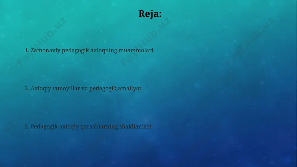 oʻquv jarayonida axloqiy dilemmani hal qilishga qaratilgan 5 ta amaliy vaziyatlarni qoʻllash orqali talabalarning axloqiy fikrlashini 20% ga oshirish mumkin. an'anaviy va zamonaviy pedagogik axloq oʻrtasidagi farqlar an'anaviy yondashuvda o'qituvchining shaxsiy e'tiqodi va qarashlari ustunlik qiladi (masalan, 80%), zamonaviy pedagogikada esa talabalarning individual ehtiyojlari va xususiyatlarini hisobga oluvchi inklyuziv yondashuv ustun (60%dan ko'p). an'anaviy pedagogikada baholovchi tizim asosan yakuniy baholarga asoslangan bo'lsa (masalan, imtihondan keyingi 1 ta baho), zamonaviy pedagogikada esa davriy baholash va portfel usuli orqali talabaning rivojlanishini kuzatishga (kamida 3 ta baholash) ko'proq e'tibor qaratiladi. an'anaviy pedagogikada o'qituvchi avtoritar, 1-2 ta o'quv uslubidan foydalanib, talabalarni passiv tinglovchilar sifatida ko'radi, zamonaviy pedagogikada esa 3-5 dan ortiq uslublar qo'llaniladi va talabalar faol ishtirok etadi. pedagogik axloq va ta'lim sifatining oʻzaro bogʻliqligi ta’lim muassasalarida axloqiy muhitni shakllantirish bo’yicha 3 bosqichli dastur (diagnostika, trening, monitoring) o’quvchilarning bilim olishga bo’lgan motivatsiyasini 25% ga kuchaytiradi. o’qituvchilarning professional axloqiy rivojlanishiga 10 soatlik maxsus treninglar ta’lim …