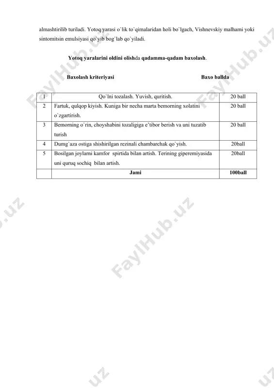 holda bog`lab qo`yiladi. to`qimalarda o`lish boshlangan bo`lsa, uning shu qismini olib tashlab mikrobdan holi – toza ro`molchasimon doka bo`lakchasini (salfetkani) –1 foizli kaliy permanganat eritmasiga hullab qo`yiladi va uni bir kunda 2-3 marta almashtirilib turiladi. yotoq yarasi o`lik to`qimalaridan holi bo`lgach, vishnevskiy malhami yoki sintomitsin emulsiyasi qo`yib bog`lab qo`yiladi. yotoq yaralarini oldini olishda qadamma-qadam baxolash. baxolash kriteriyasi baxo ballda 1 qo`lni tozalash. yuvish, quritish. 20 ball 2 fartuk, qulqop kiyish. kuniga bir necha marta bemorning xolatini o`zgartirish. 20 ball 3 bemorning o`rin, choyshabini tozaligiga e’tibor berish va uni tuzatib turish 20 ball 4 dumg`aza ostiga shishirilgan rezinali chambarchak qo`yish. 20ball 5 bosilgan joylarni kamfor spirtida bilan artish. terining giperemiyasida uni quruq sochiq bilan artish. 20ball jami 100ball image1.jpeg image2.jpeg