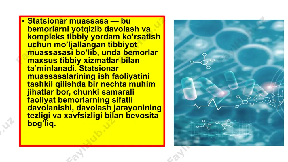za: • statsionar muassasalaridagi davolash va tashxis qo‘yish jarayonlarini tibbiy ekspertlar tomonidan qayta baholash yordamida muassasaning ish faoliyati sifatini yaxshilash mumkin. 4. davolash natijalarining tahlili: • davolash jarayonida bemorlarning holati va tashxis qo‘yish samaradorligi tahlil qilinadi. tashxis qo‘yishning to‘g‘riligini va davolash samaradorligini aniqlashda bu usul yordam beradi. e’tiboringiz uchun raxmat! image1.emf image2.png image3.png image4.png image5.png image6.png