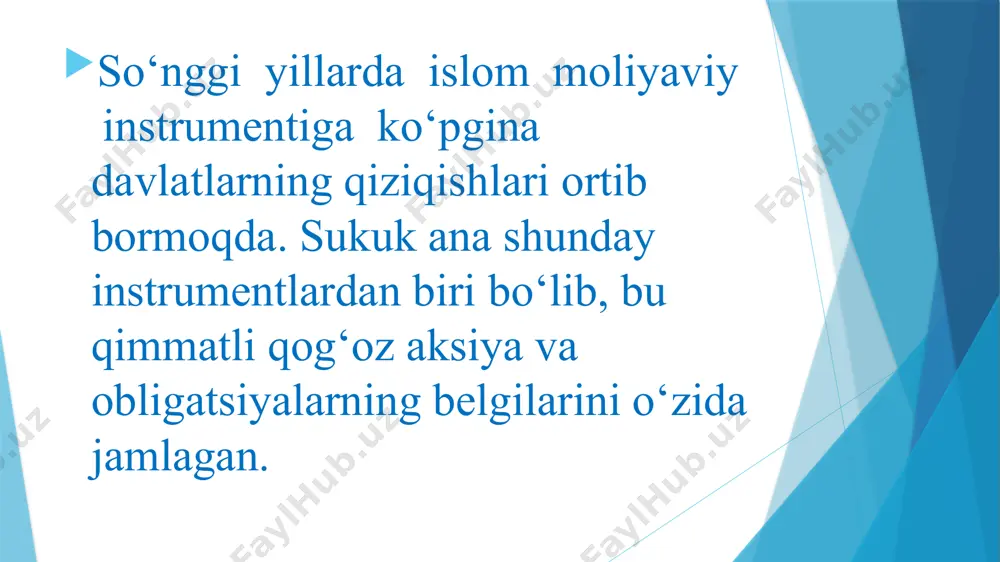 ta’minlash va qayta tiklanadigan energiya resurslarini yaratish orqali insonlarning talab va ehtiyojlarini qondirishga qaratilgan loyihalarni moliyalashtirish bugungi kunning dolzarb mavzulariga aylanib bo‘lgan. prezident shavkat mirziyoyev 2020 yil dekabr oyida oliy majlisga qilgan murojaatida o‘zbekistonda islom moliyasini joriy qilish vaqti kelganini ta’kidlagan edi. o‘zbekistonda islom moliyasining joriy etilishi moliya bozorining diversifikatsiyalanishiga, inklyuziv moliya bozorining rivojlanishiga, moliyalashtirish manbalarining ortishiga, investitsiyalarning ko‘payishiga sabab bo‘ladi. natijada islom moliyasi mahsulotlaridan bo‘lmish sukuk qimmatli qog‘ozlarini joriy etish orqali transport va logistika, energetika, qurilish, tog‘-kon metallurgiya, xususiy sektor va boshqa sohalarni moliyalashtirish imkoniyatlari vujudga keladi. sukuk (islom obligatsiyalari) va shariatga muvofiq qimmatli qog‘ozlar kabi vositalarni oʻz ichiga olgan islomiy qimmatli qog‘ozlar bozori axloqiy va foizsiz moliyalashtirish tamoyillariga rioya qilgan holda islom investorlari uchun muqobil investitsiya yoʻllarini taqdim etishga intiladi. islomiy qimmatli qog‘ozlar bozori oʻziga xos xususiyatlar toʻplamini taqdim etadi, ya’ni, risklarni taqsimlashga, aktivlarni qoʻllab-quvvatlashga va spekulyativ operatsiyalardan qochishga urg‘u beradi. bu tamoyillar uni an'anaviy qimmatli qog‘ozlar bozorlaridan …