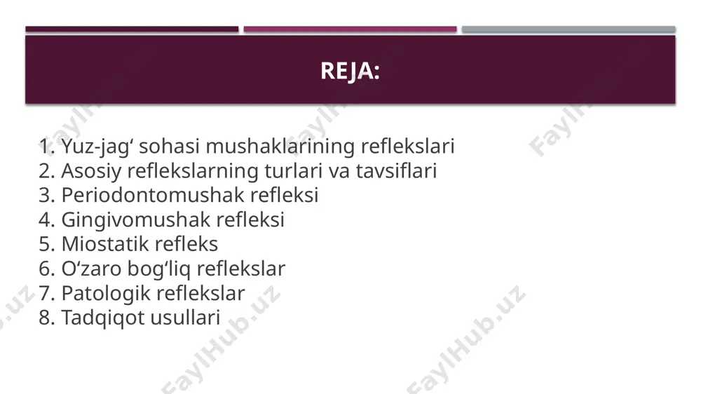 ushak qisqarishining kuchini regulyatsiya qiladi. masalan, qattiq ovqatni chaynashda bu refleks mushak faolligini oshiradi va jarohatlardan himoya qiladi. patologiyada (masalan, parodontitda) buzilishi chaynash samaradorligini pasaytiradi va og‘riqqa olib keladi. periodontomushak refleksi gingivomushak refleksi tishlar yo‘qolgan yoki protezlar qo‘yilgan holatlarda (adentiya, protezlashtirish) faollashadi. alveolyar cho‘tkalar shilliq qavatidagi retseptorlar mushak qisqarishini boshqaradi. bu refleks periodontal retseptorlar ishlamay qolganida kompensator rol o‘ynaydi, lekin tish yo‘qligi sababli mushak kuchi pasayishi mumkin. klinikda protezlar mosligini baholashda qo‘llaniladi. miostatik refleks jag‘ mushaklarining cho‘zilishi bilan bog‘liq. mushaklardagi cho‘zilish retseptorlari (mushak iplari) impuls yuborib, reflektor qisqarishni chaqiradi. cho‘zilish qanchalik kuchli bo‘lsa, refleks shunchalik tez va kuchli bo‘ladi. bu refleks mushak tonusini saqlaydi va ortopedik davolashda (okklyuziya buzilishida) muhim, chunki u jag‘ harakatlarining muvofiqligini ta’minlaydi. patologiyada (masalan, spazmlarda) giperrefleksiya kuzatiladi. o‘zaro bog‘liq reflekslar turli mushak guruhlari o‘rtasidagi koordinatsiyani ta’minlaydi. chaynash paytida sinergetik mushaklar (birgalikda ishlaydiganlar, masalan, masseter va temporal) faollashadi, antagonist mushaklar esa bo‘shashadi. rubinov bu reflekslarni jag‘ tizimining …